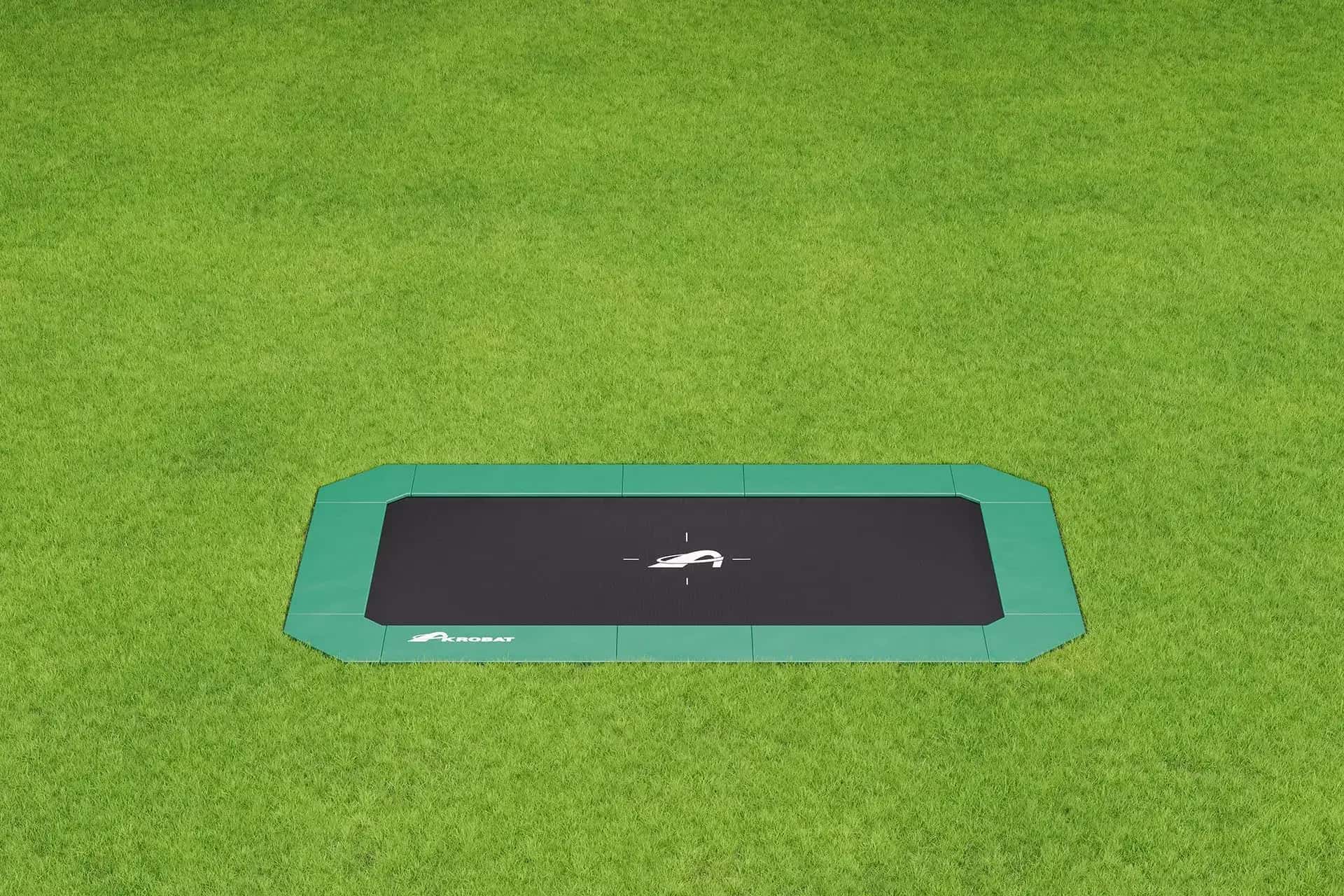 17ft x 10ft Akrobat Primus Flat Sport Plus In-Ground Trampoline – Green Pad and Black Jump Mat