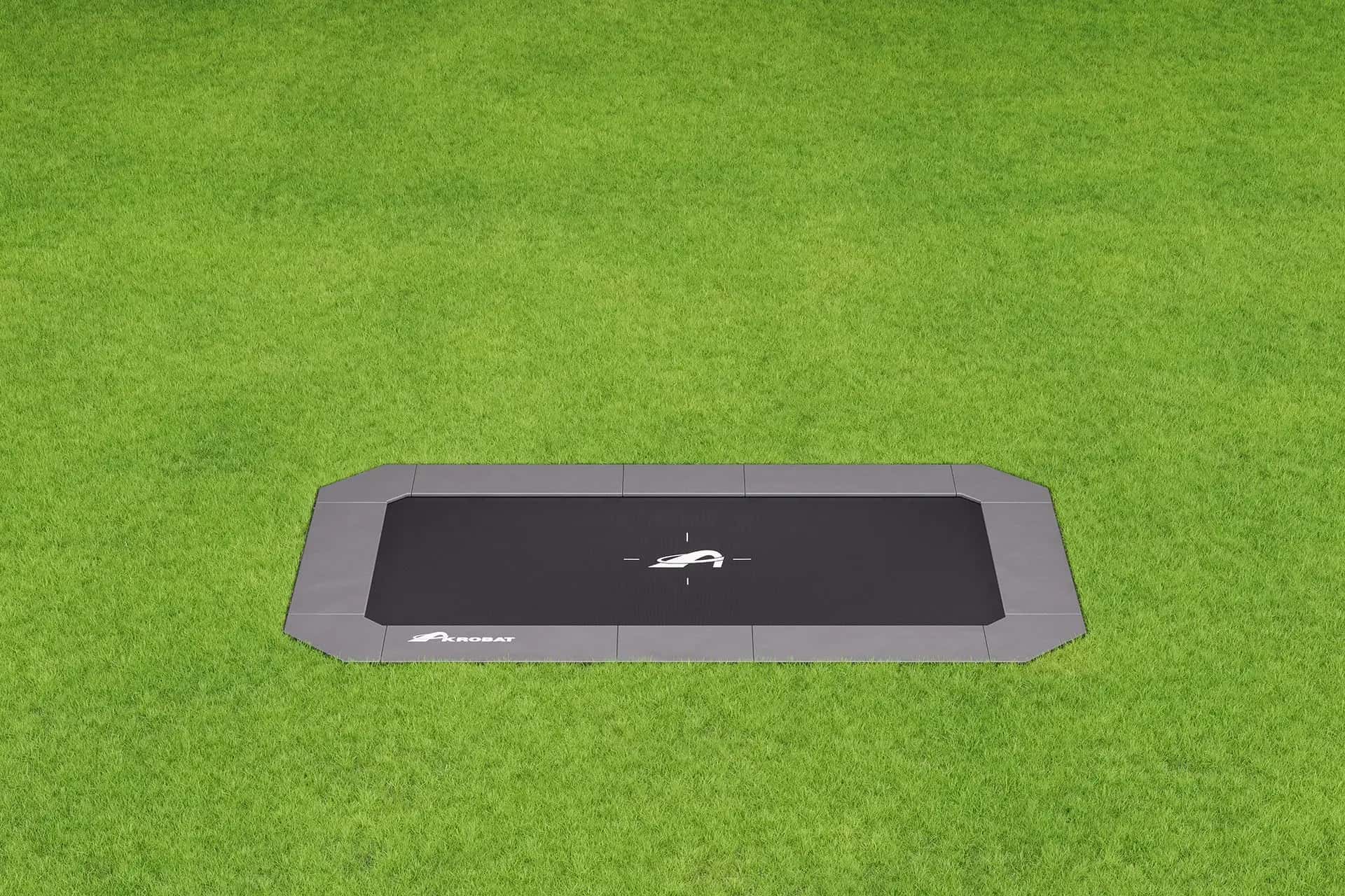 17ft x 10ft Akrobat Primus Flat SPORT Plus In Ground Trampoline – Gray Pad and Black Jump Mat