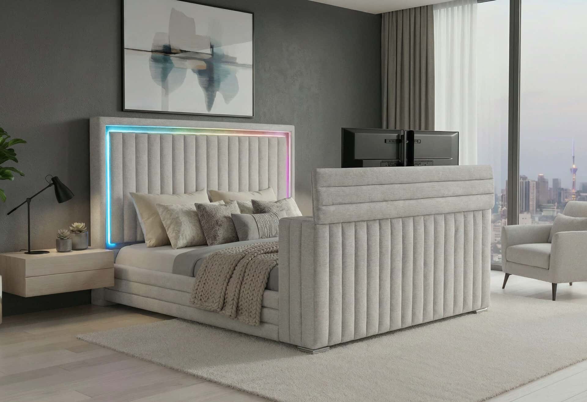 ELIAS GREY KING BED WITH IMMERSIVE SOUND SPEAKER, LED, TV LIFT & FP