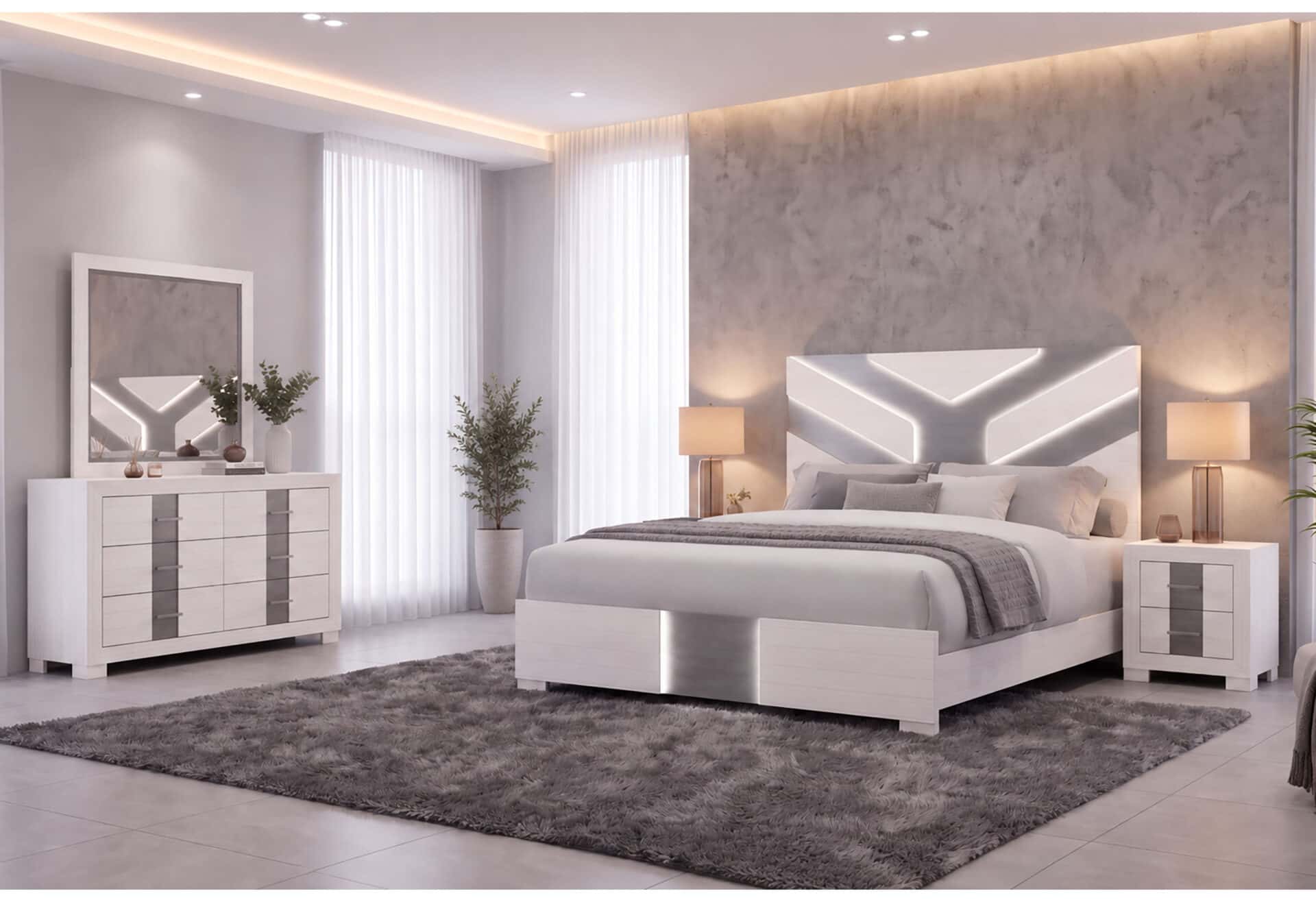 OPTIMUS WHITE QUEEN BED, DRESSER, MIRROR AND NIGHTSTAND