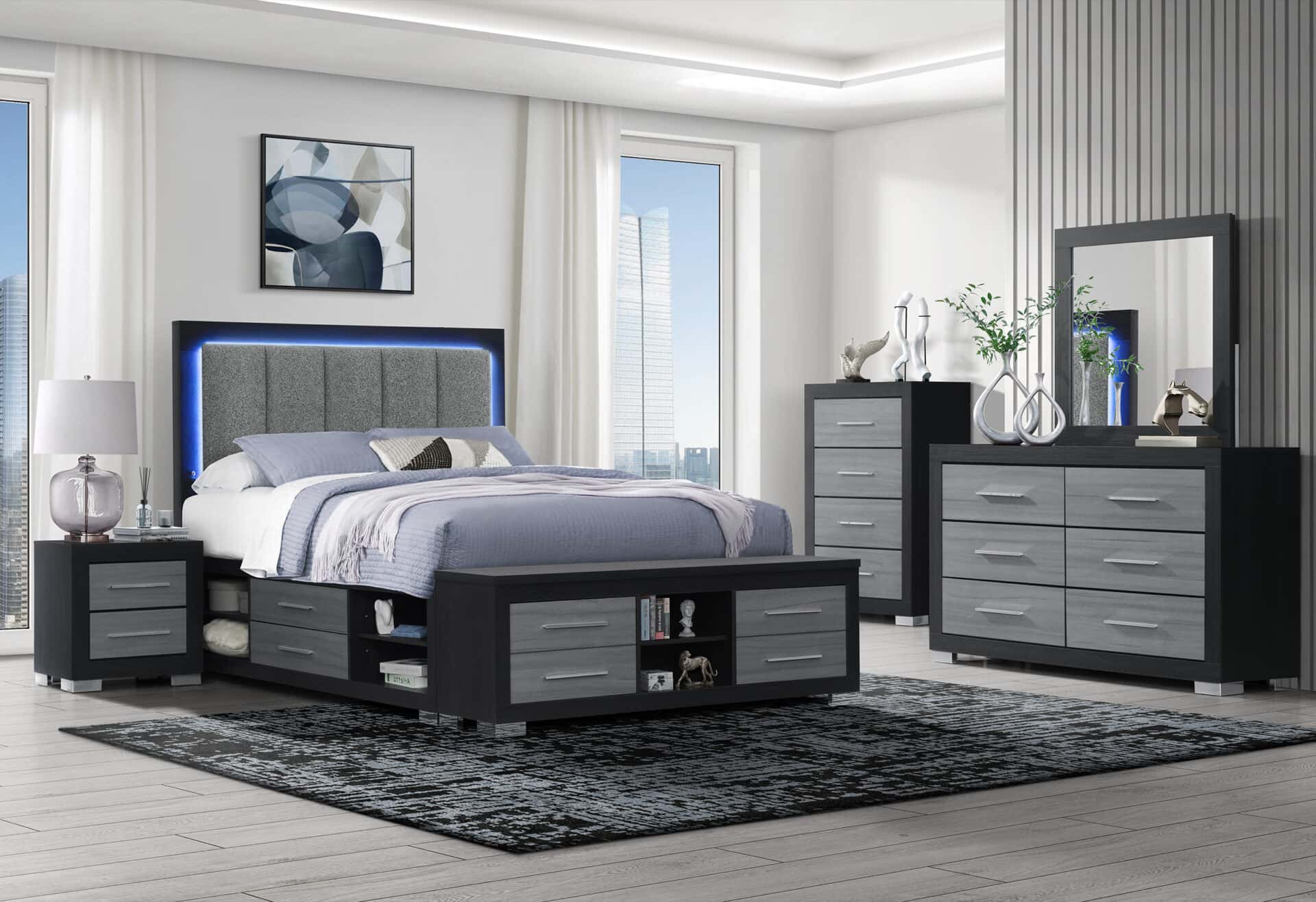 EMMA BLACK/GREY FULL BED, DRESSER AND MIRROR
