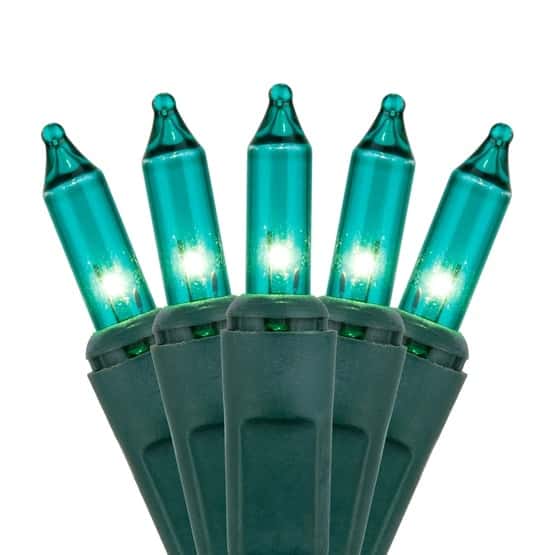 100 Teal Light Set, Green Wire, Polybag