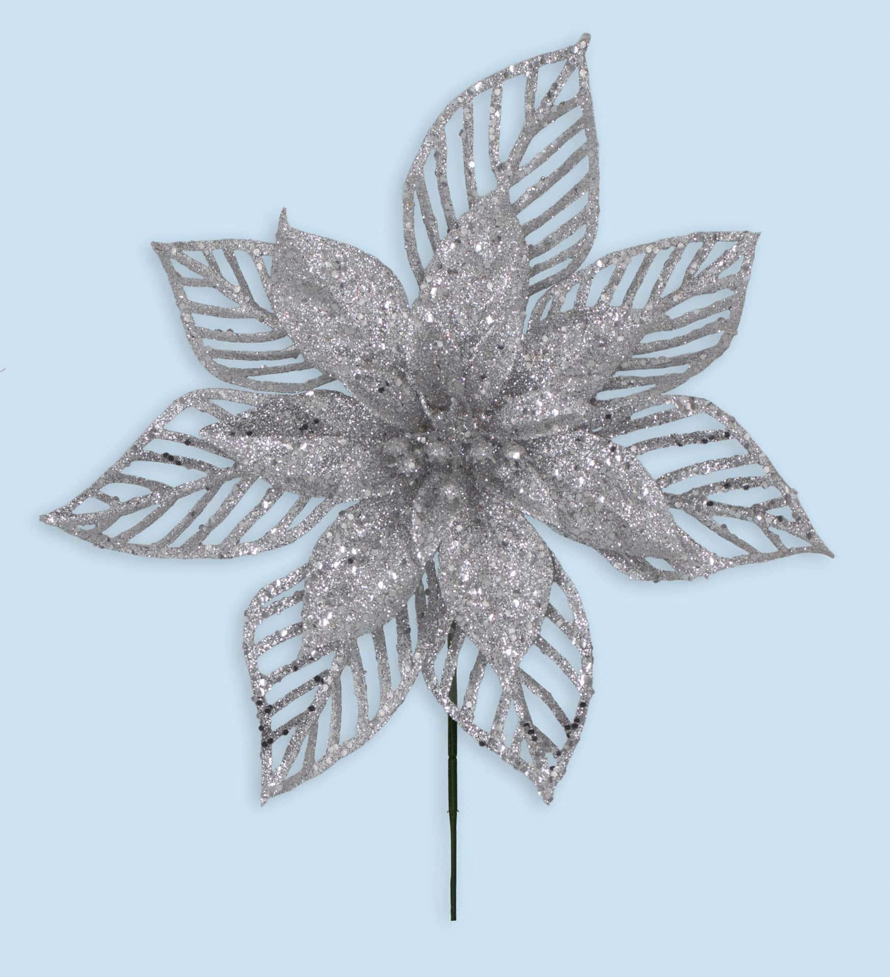 Silver Glitter Poinsettia Pick