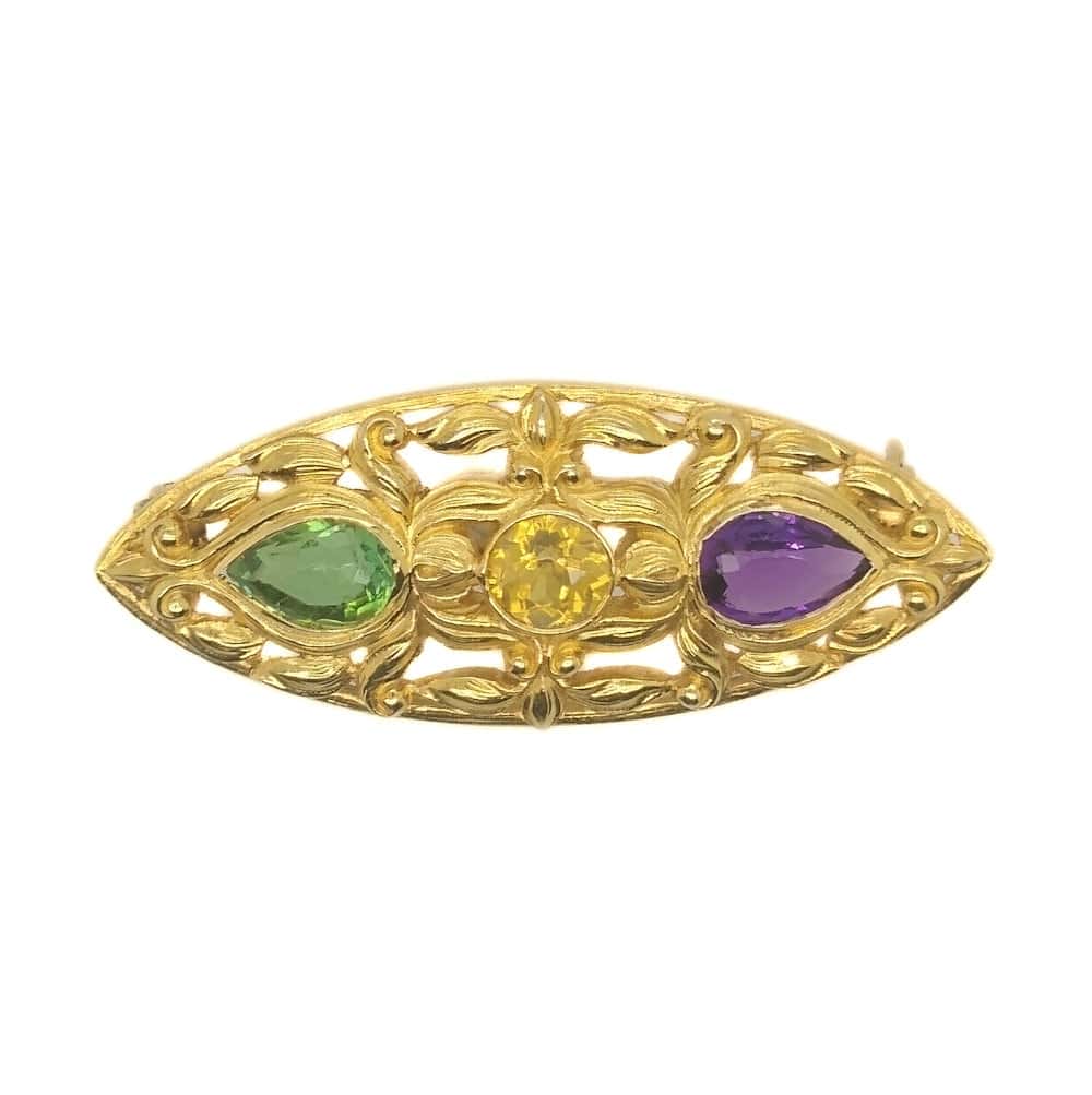 YELLOW GOLD VINTAGE YELLOW ZIRCON, AMETHYST & GREEN TOURMALINE PIN