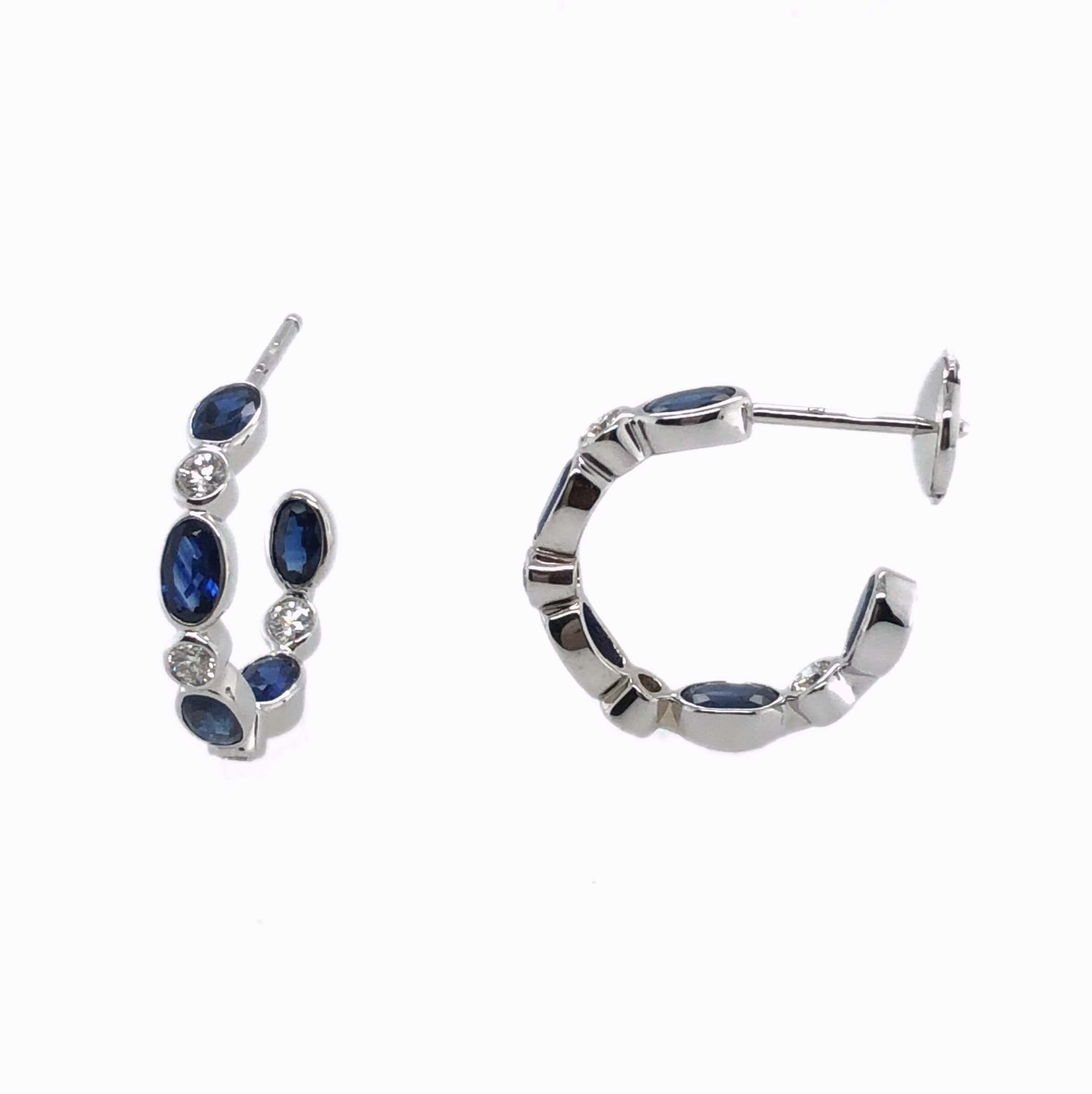 18K WHITE GOLD SAPPHIRE DIAMOND HOOP EARRINGS