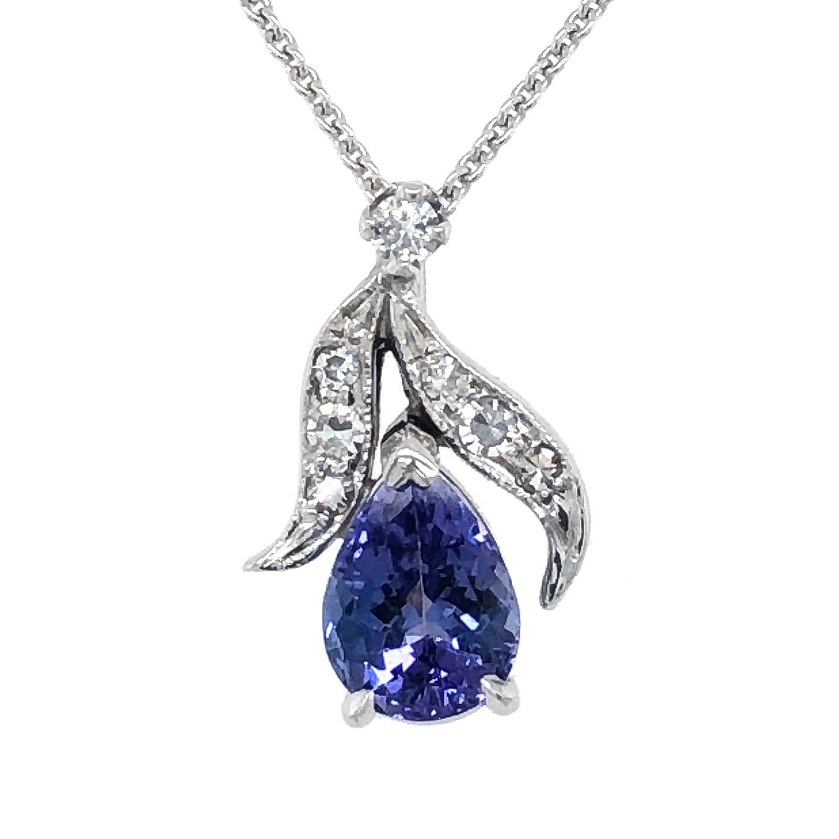 14K WHITE GOLD VINTAGE TANZANITE DIAMOND PENDANT