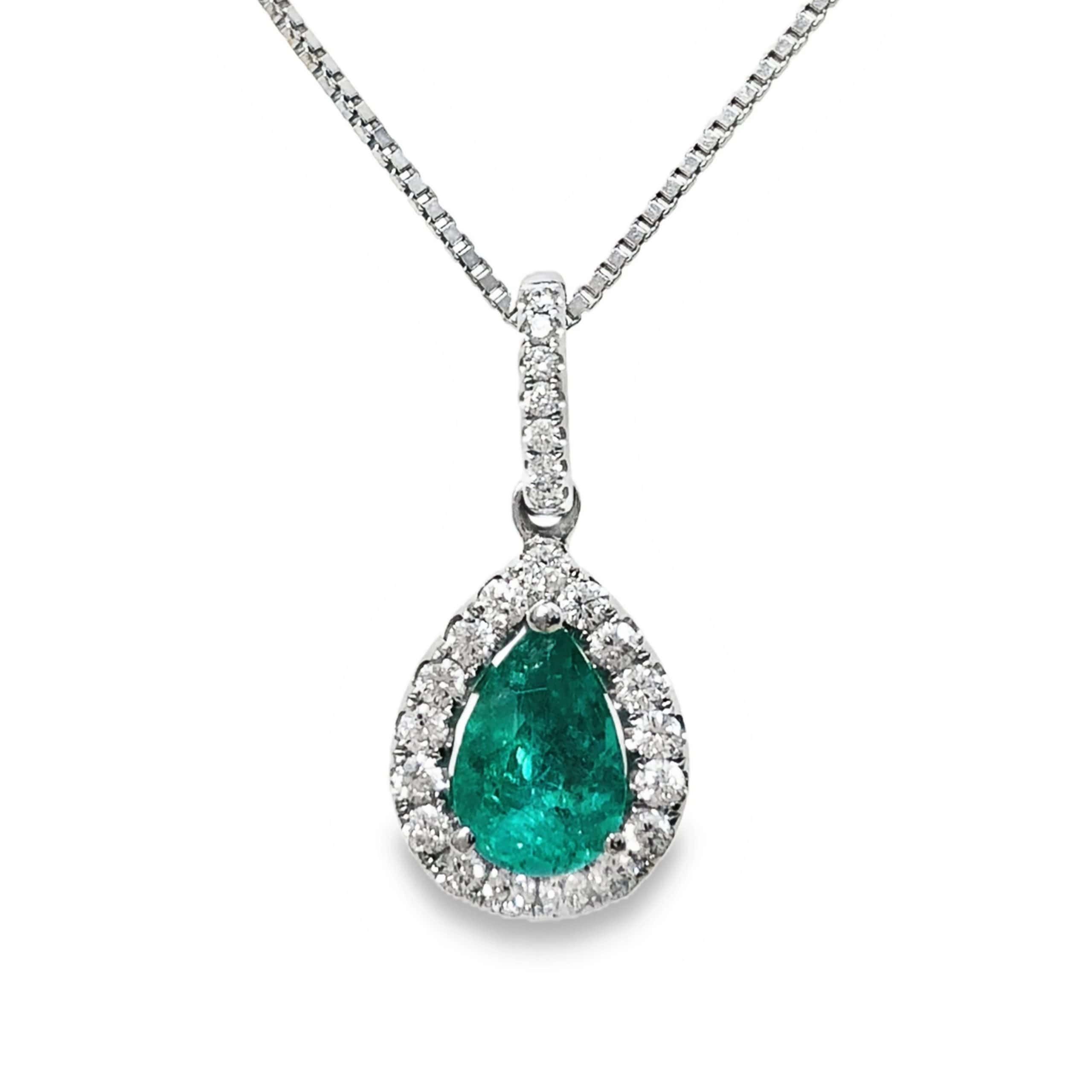 14K WHITE GOLD EMERALD DIAMOND PENDANT