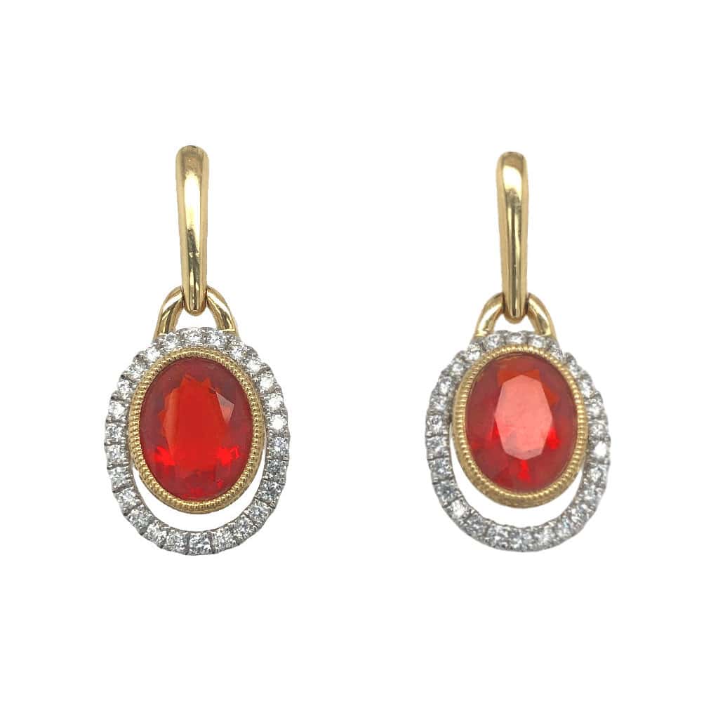 18K YELLOW & WHITE GOLD FIRE OPAL DIAMOND DROP EARRINGS