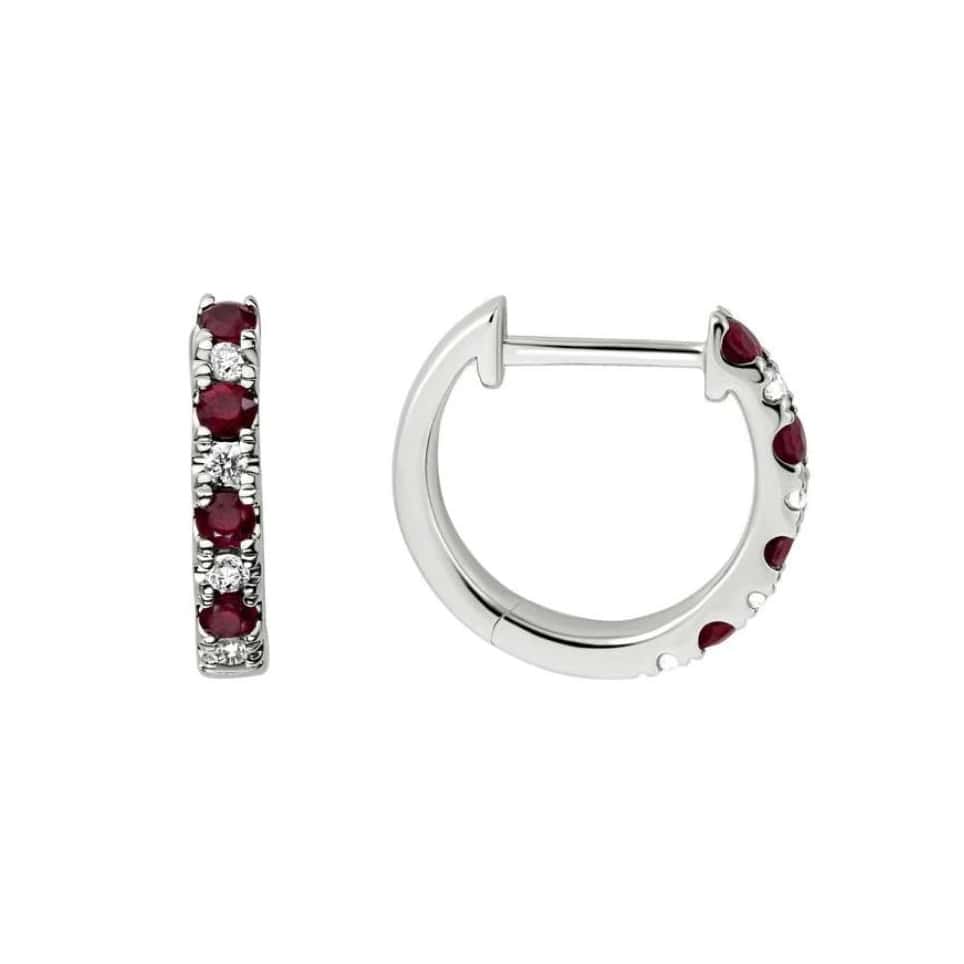 WHITE GOLD RUBY & DIAMOND HUGGIE HOOP EARRINGS