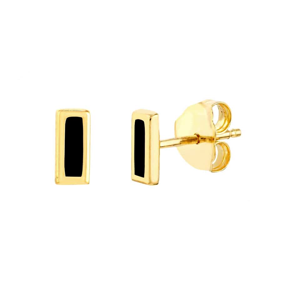 YELLOW GOLD BLACK ENAMEL BAR STUD EARRINGS