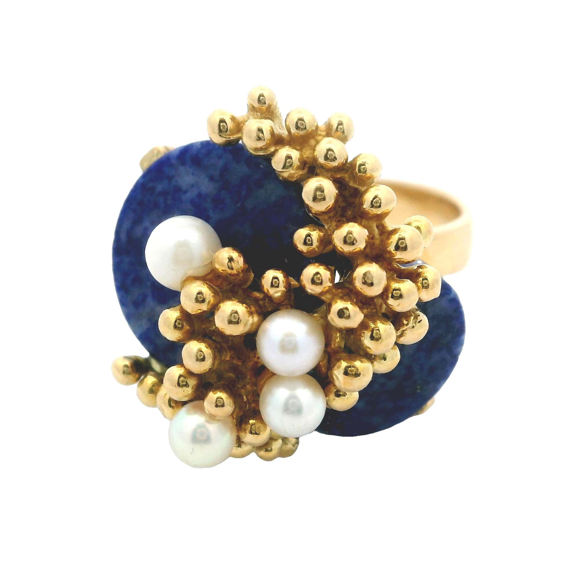18K YELLOW GOLD VINTAGE LAPIS & CULTURED PEARL RING