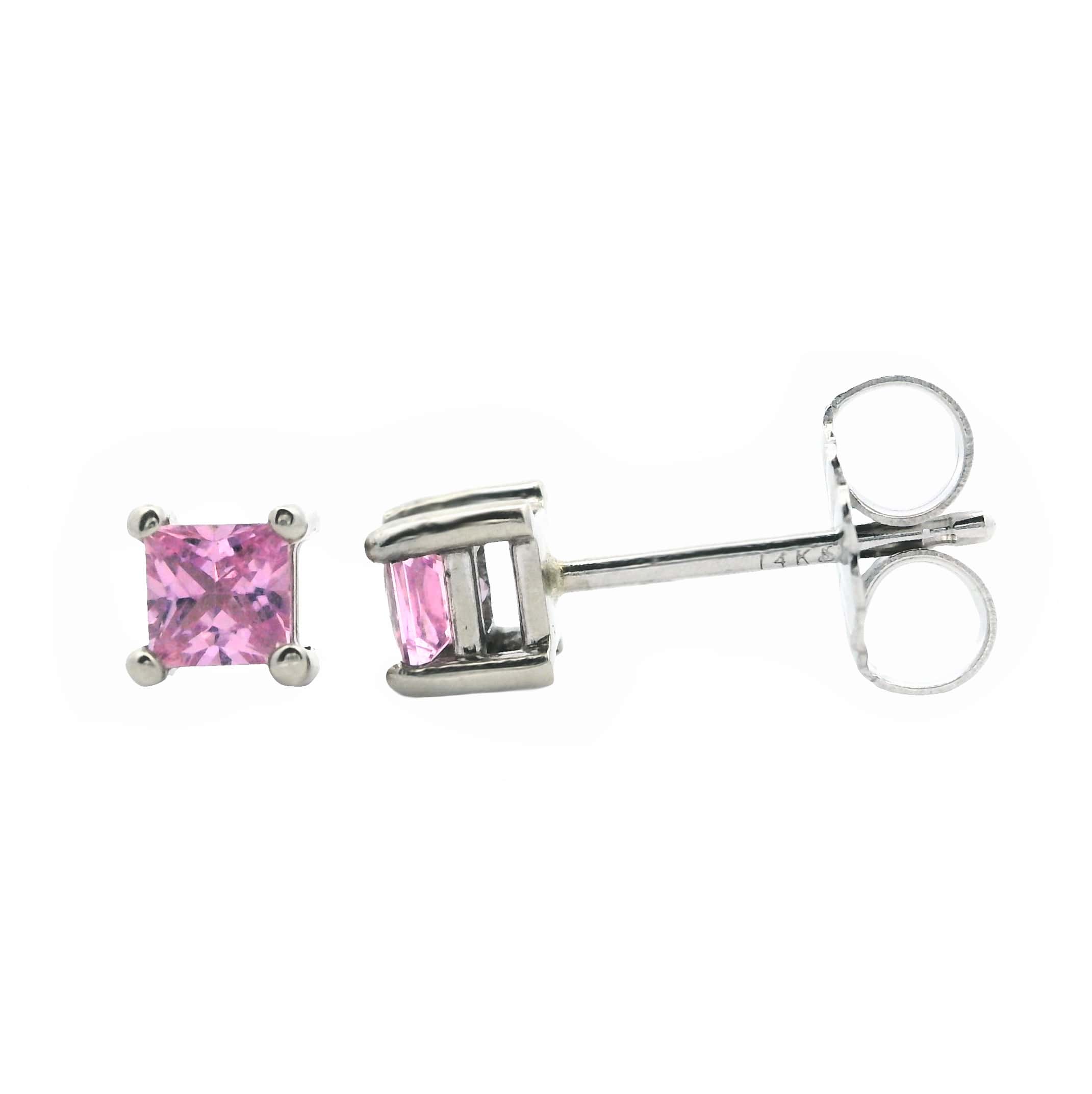 14K WHITE GOLD SQUARE CUT PINK SAPPHIRE STUD EARRINGS
