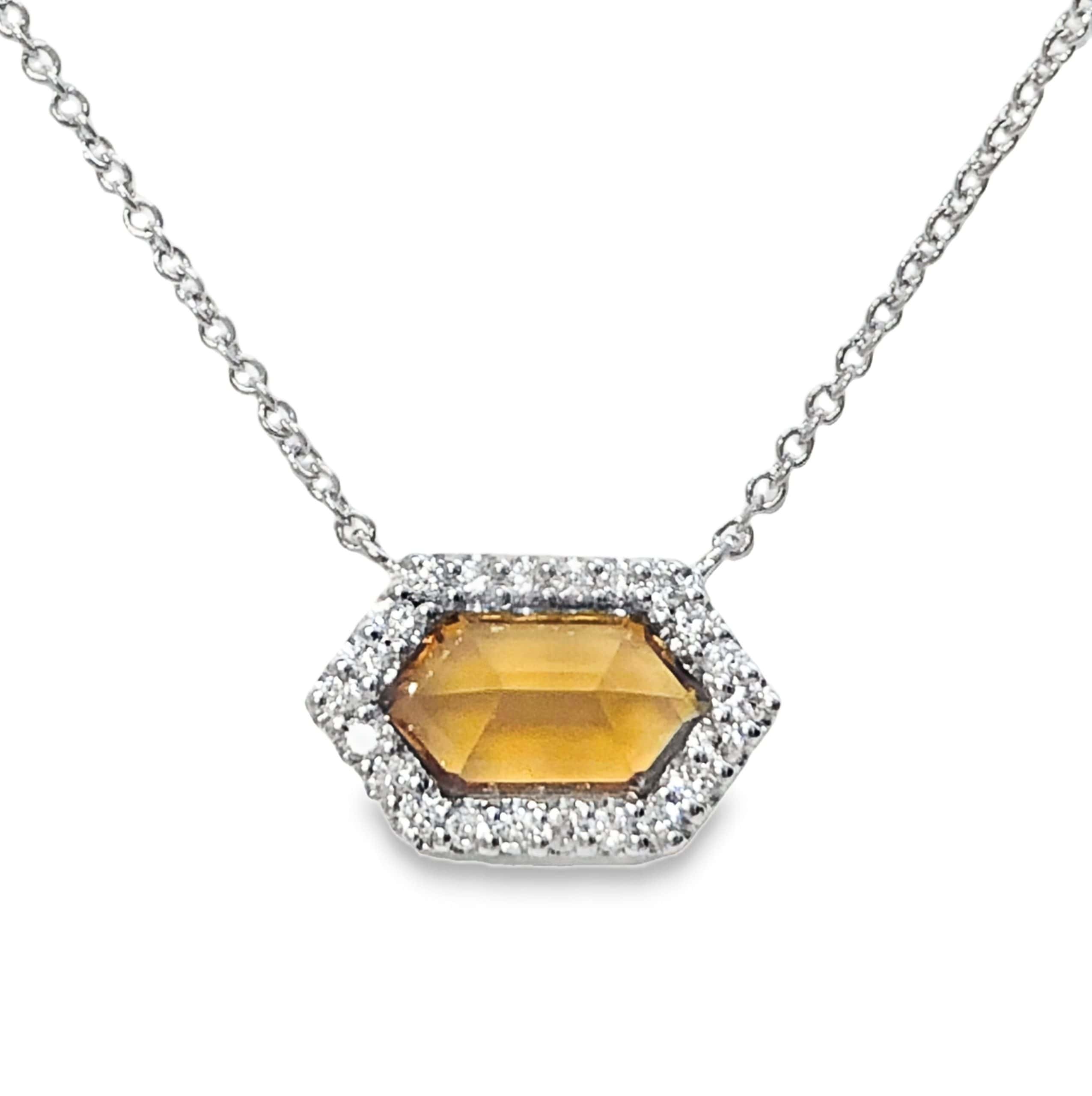 14K WHITE GOLD CITRINE & DIAMOND HALO PENDANT
