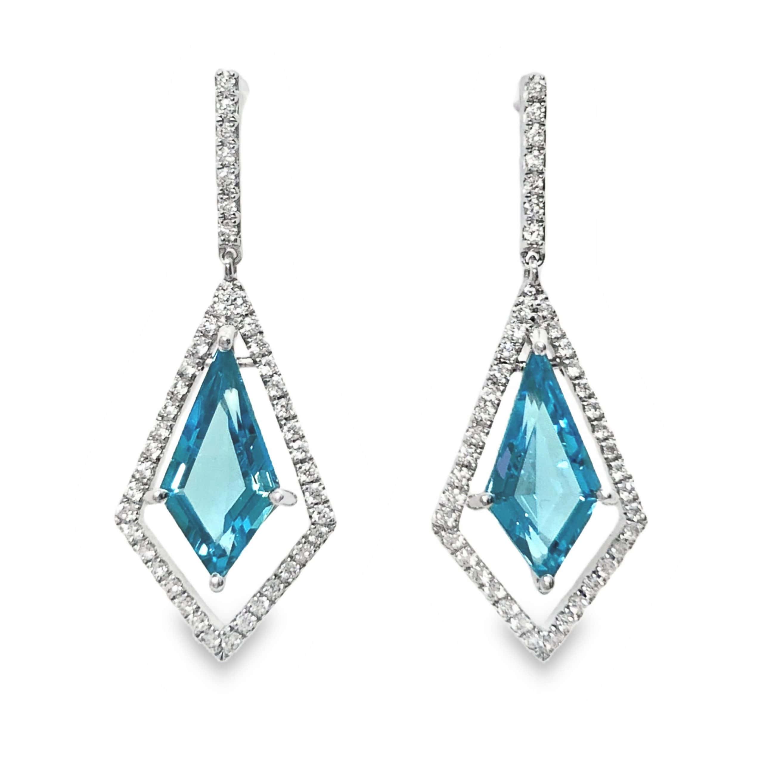 14K WHITE GOLD BLUE TOPAZ & DIAMOND DROP EARRINGS