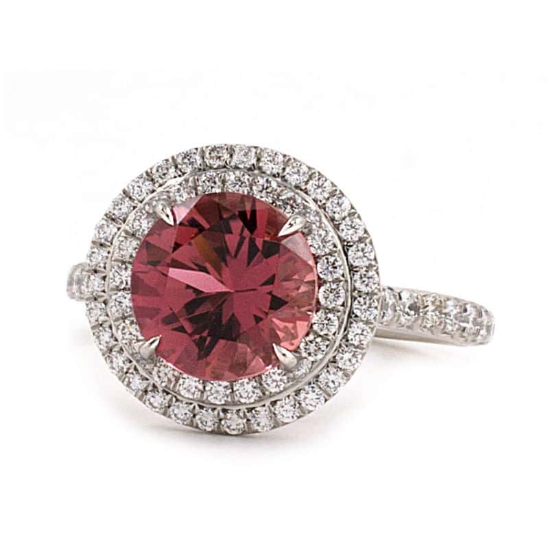 PLATINUM VINTAGE TIFFANY PINK TOURMALINE DIAMOND HALO RING