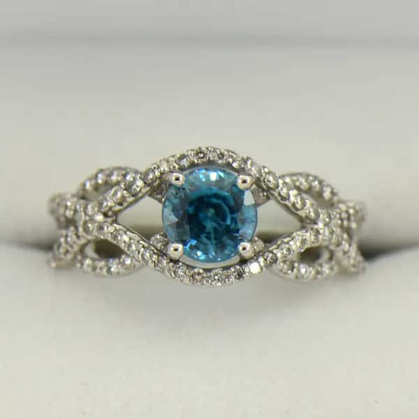 Custom Blue Zircon &amp; Diamond Ring with White Gold