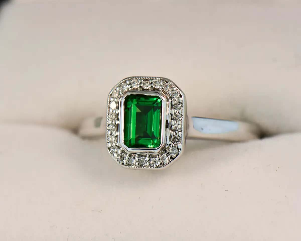 Bezel Set Emerald Cut Tsavorite Garnet & Diamond Ring
