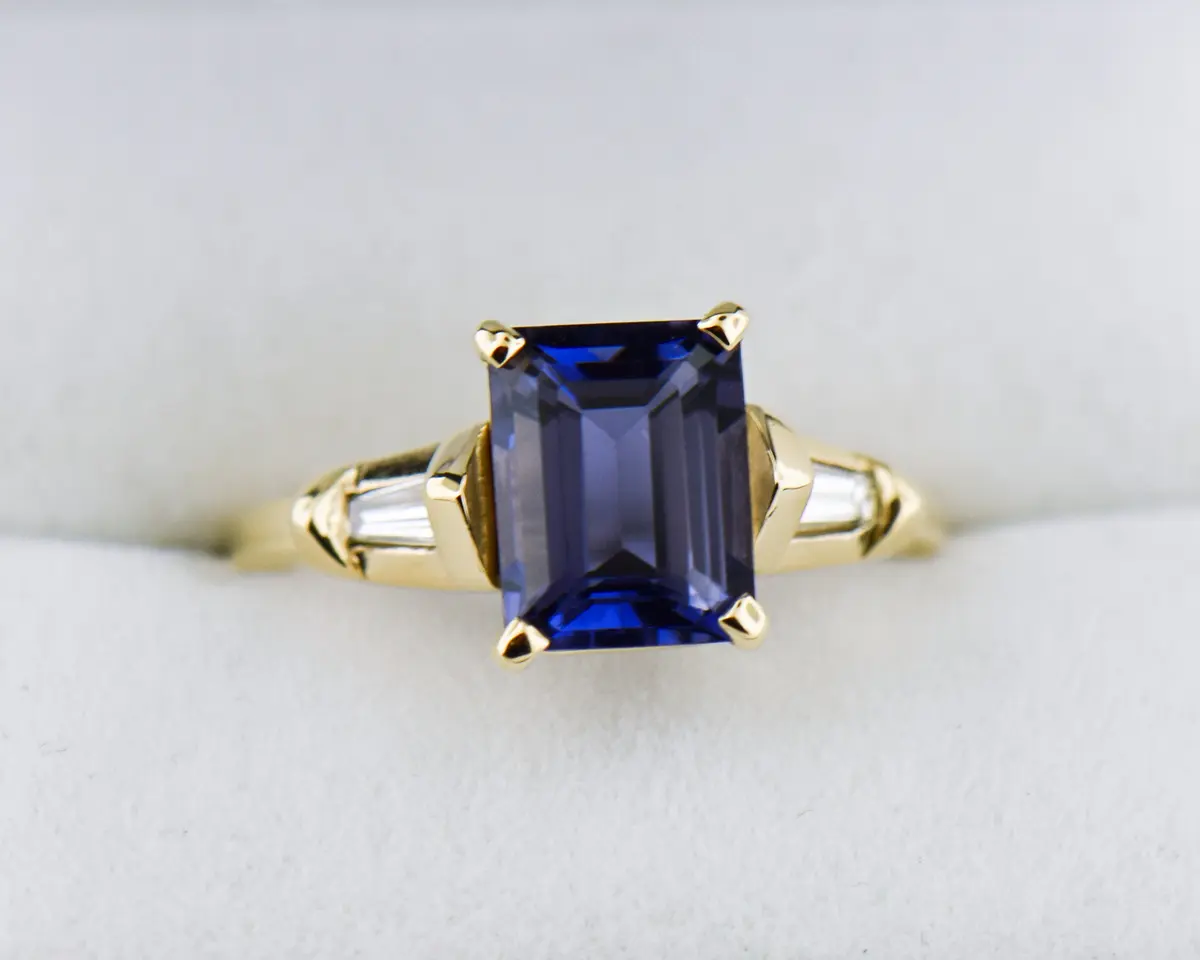 Emerald Cut Iolite & Baguette Diamond Engagement Ring