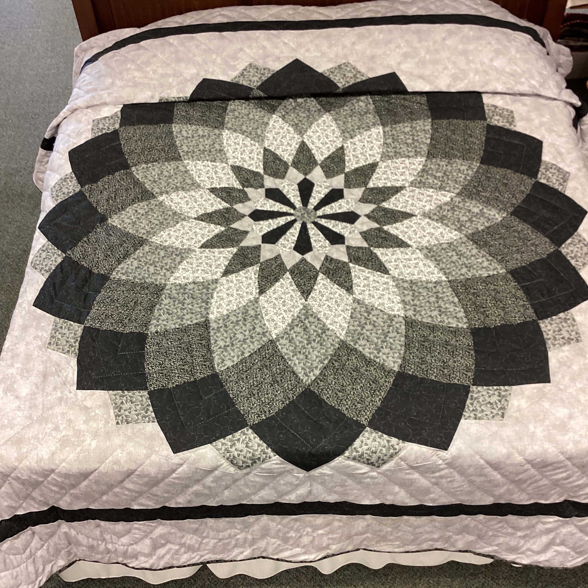 Elegant Black ,White  and Grey Giant Dahlia Hand Stitched Quilt in King Size