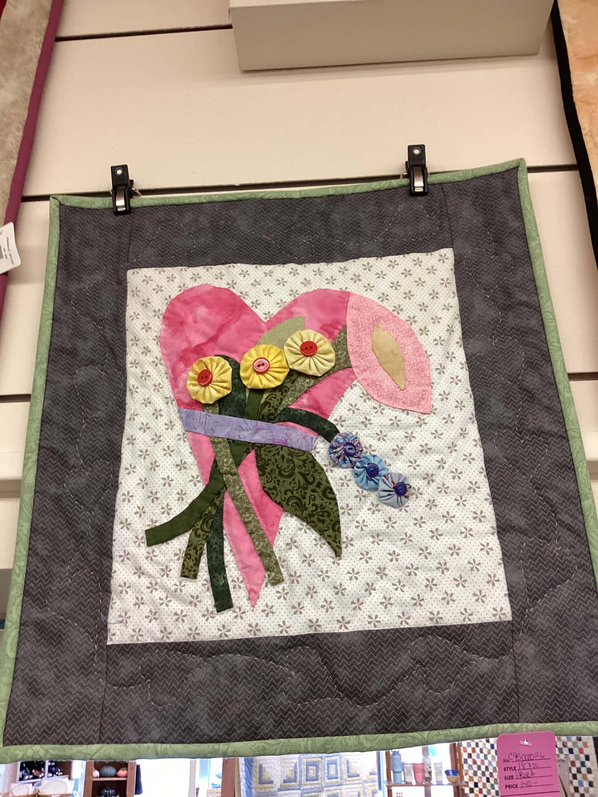 Yo Yo  Button Spring Flowers With Applique Stems and Heart Wall-Hanging