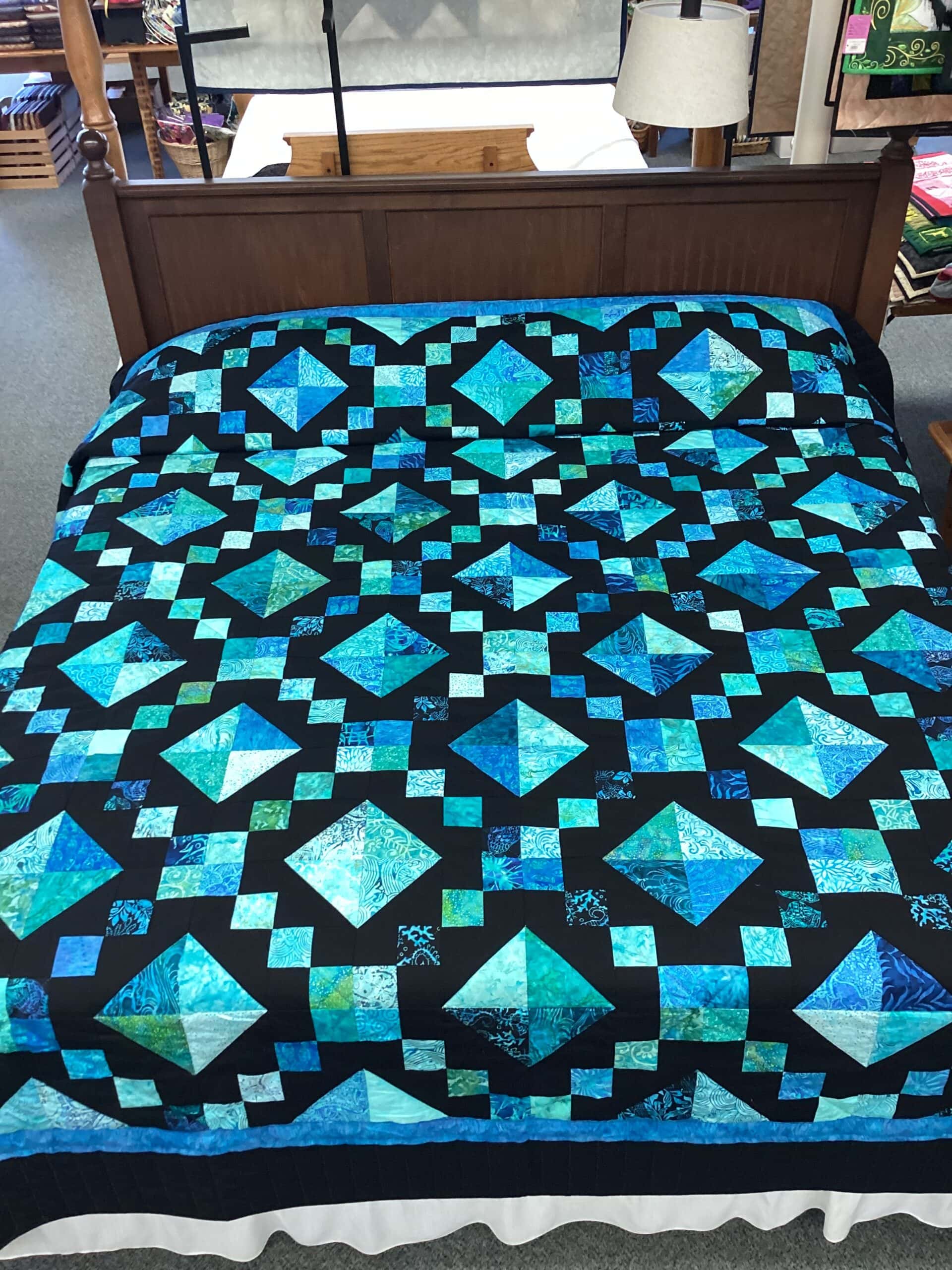 Jewel Box Pattern in Black, Teal Blue and Green Batik Fabrics