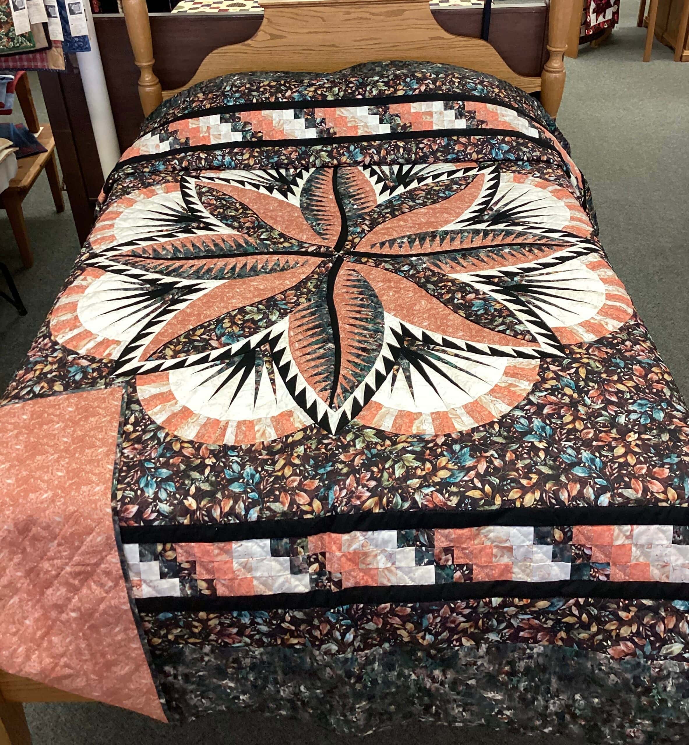 Queen Size  Hand Quilted Quilt Fire Island Hosta in Fall Colors