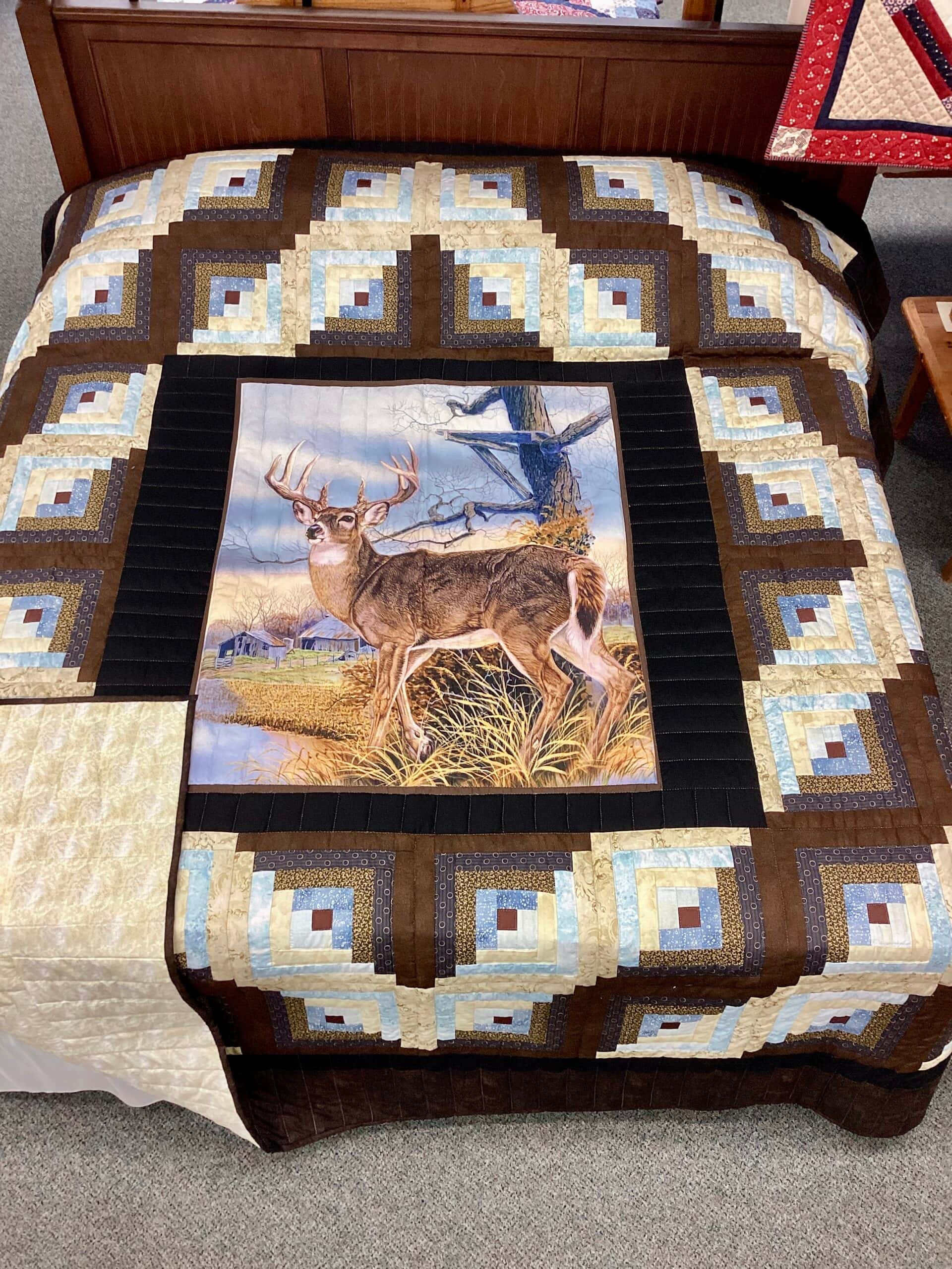 Brown and Blue Log Cabin with Deer Panel