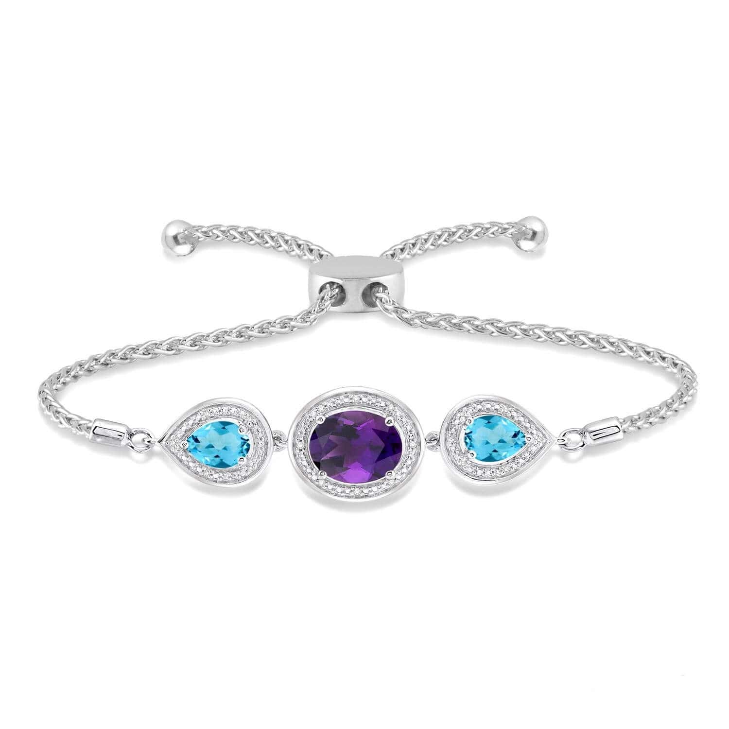 Silver Diamond with Amethyst & Blue Topaz Lariat Bracelet