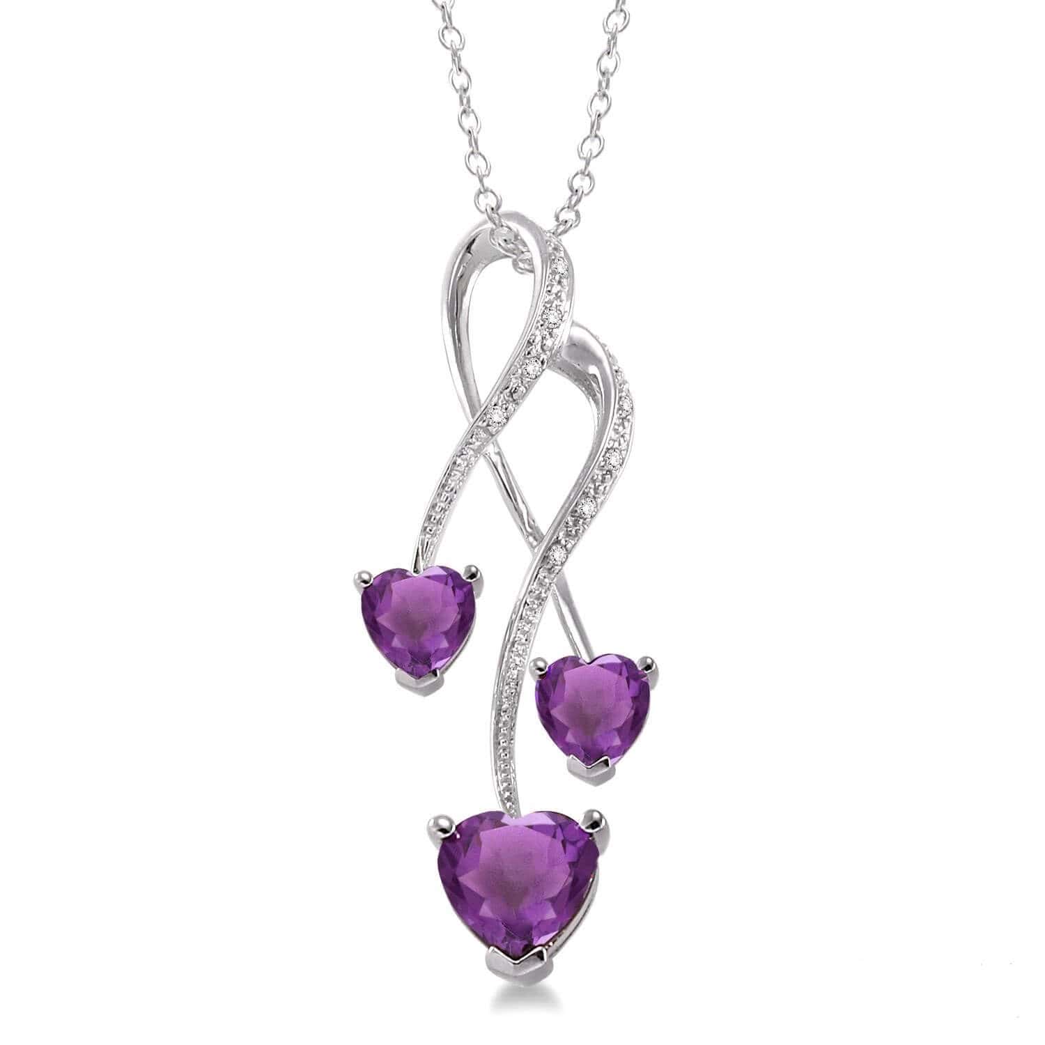 Triple Heart Shape Amethyst  & Diamond Pendant