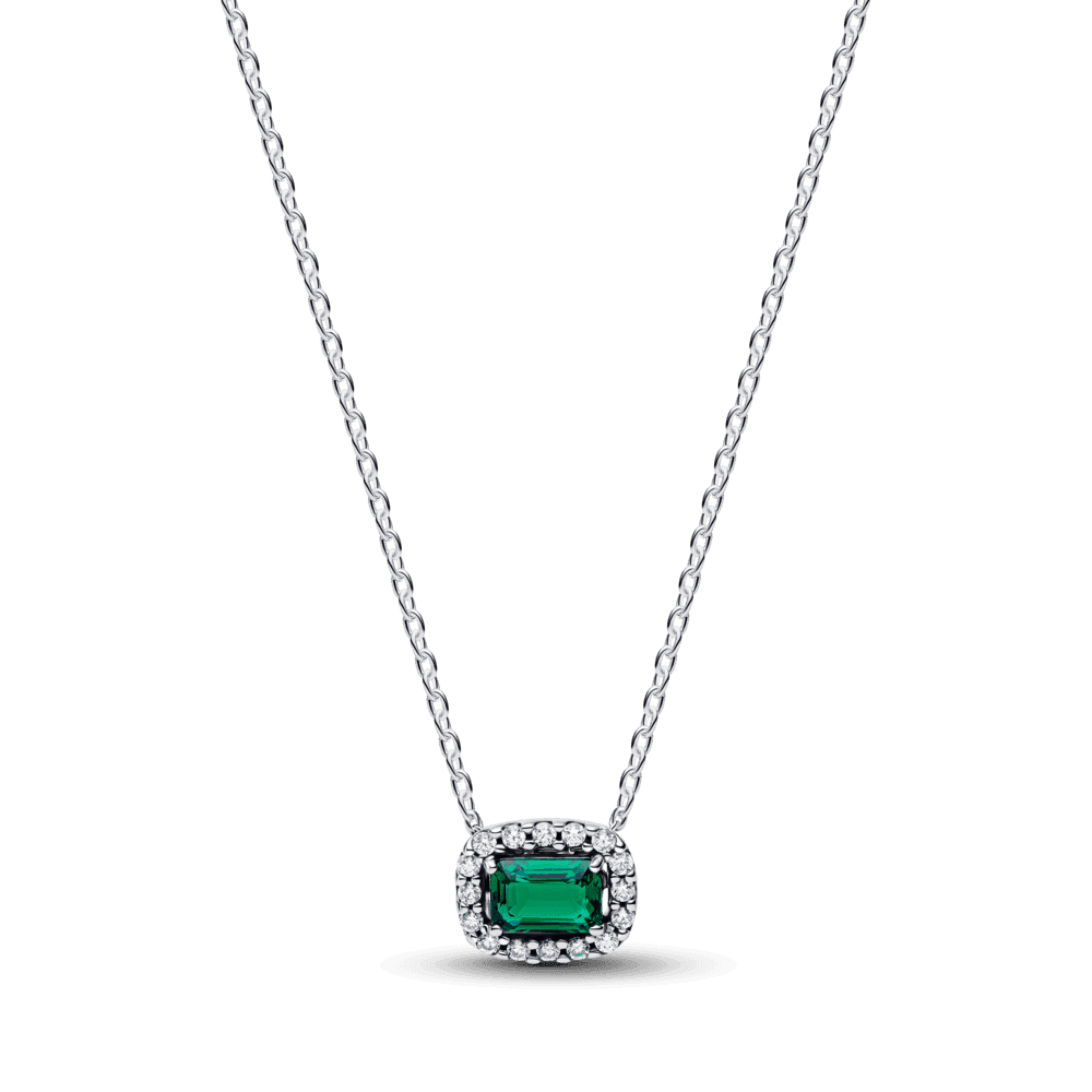Rectangular Sparkling Green Halo Pendant Necklace