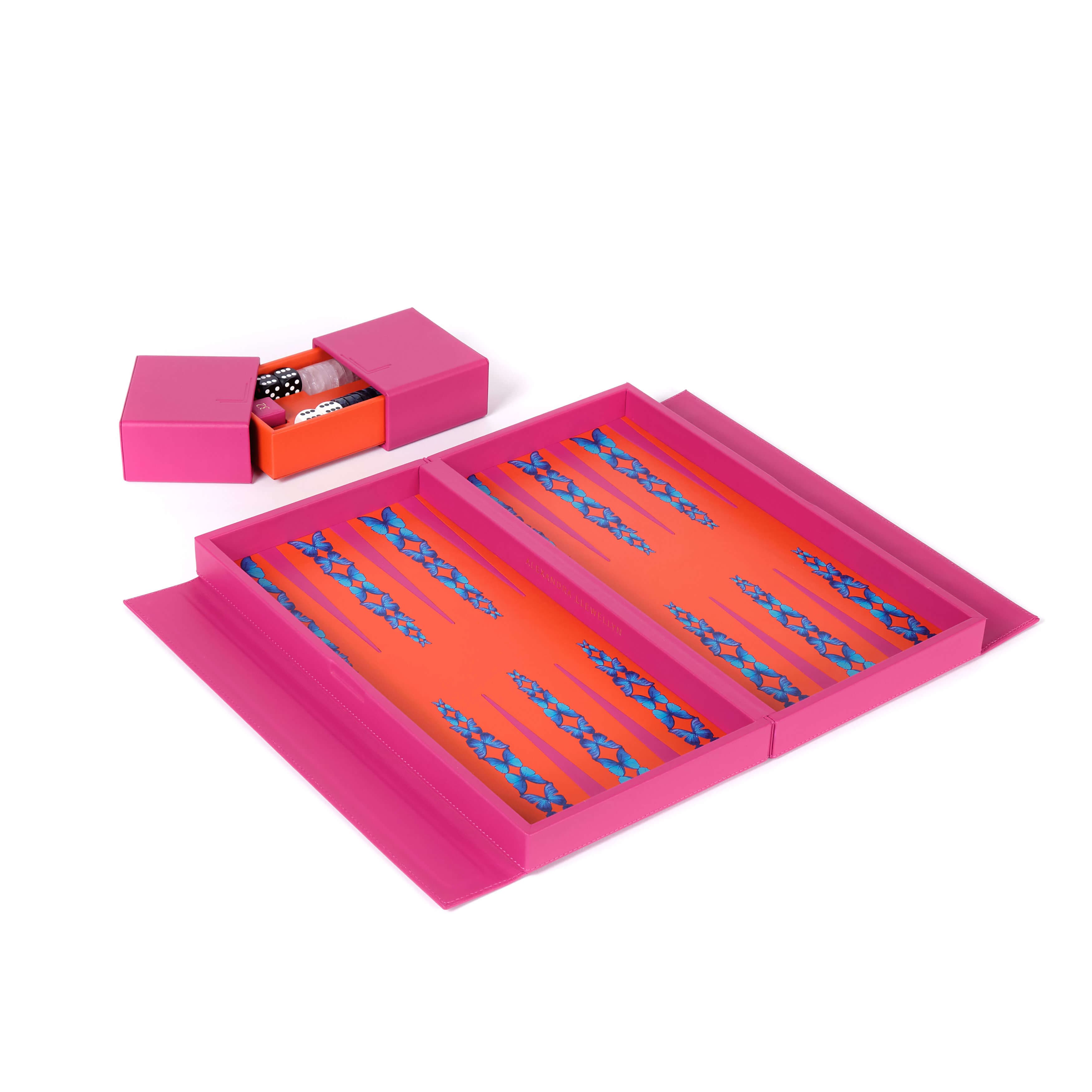 Pink Butterfly Travel Backgammon Set | Leather Playing Surface - thumbnail 2