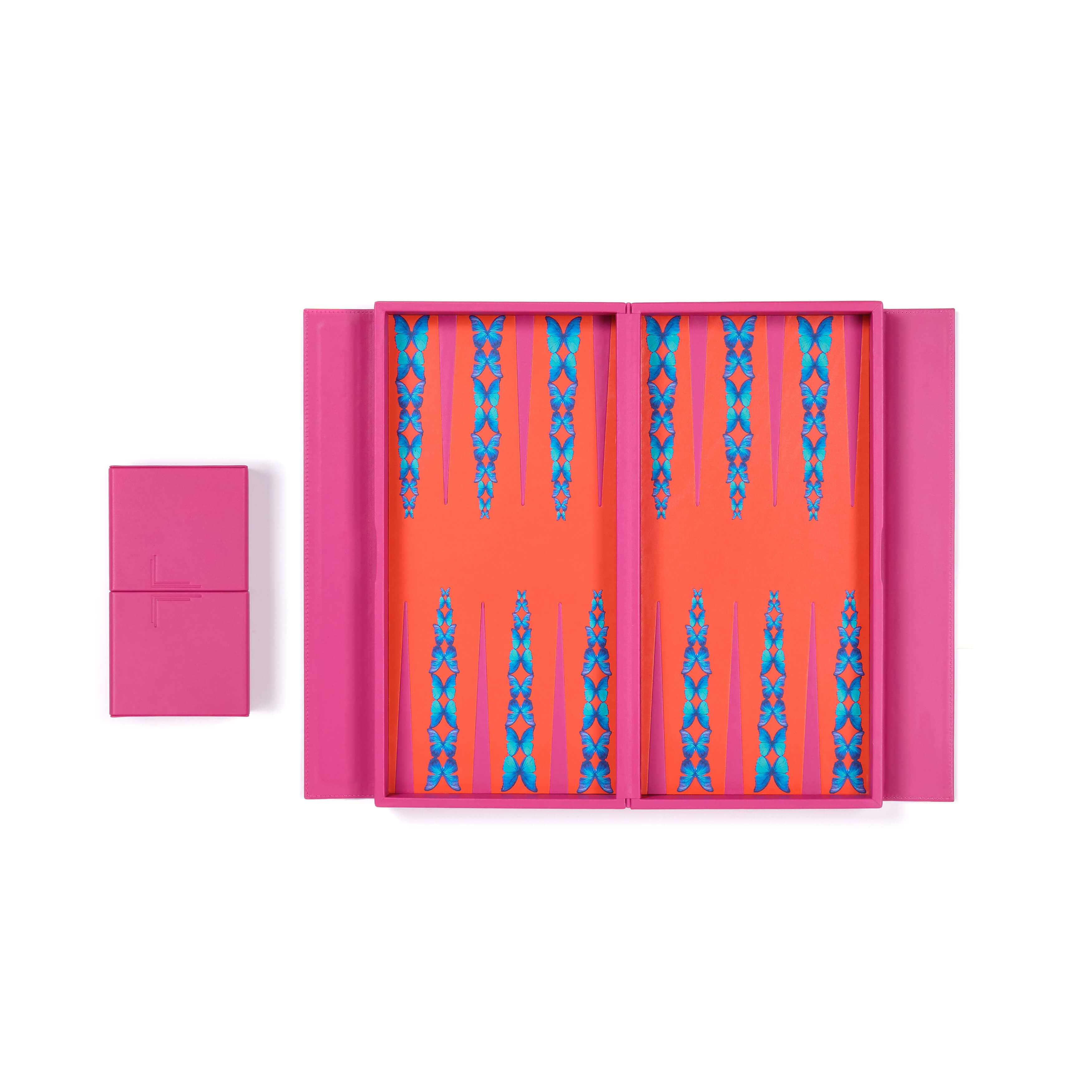Pink Butterfly Travel Backgammon Set | Leather Playing Surface - thumbnail 3