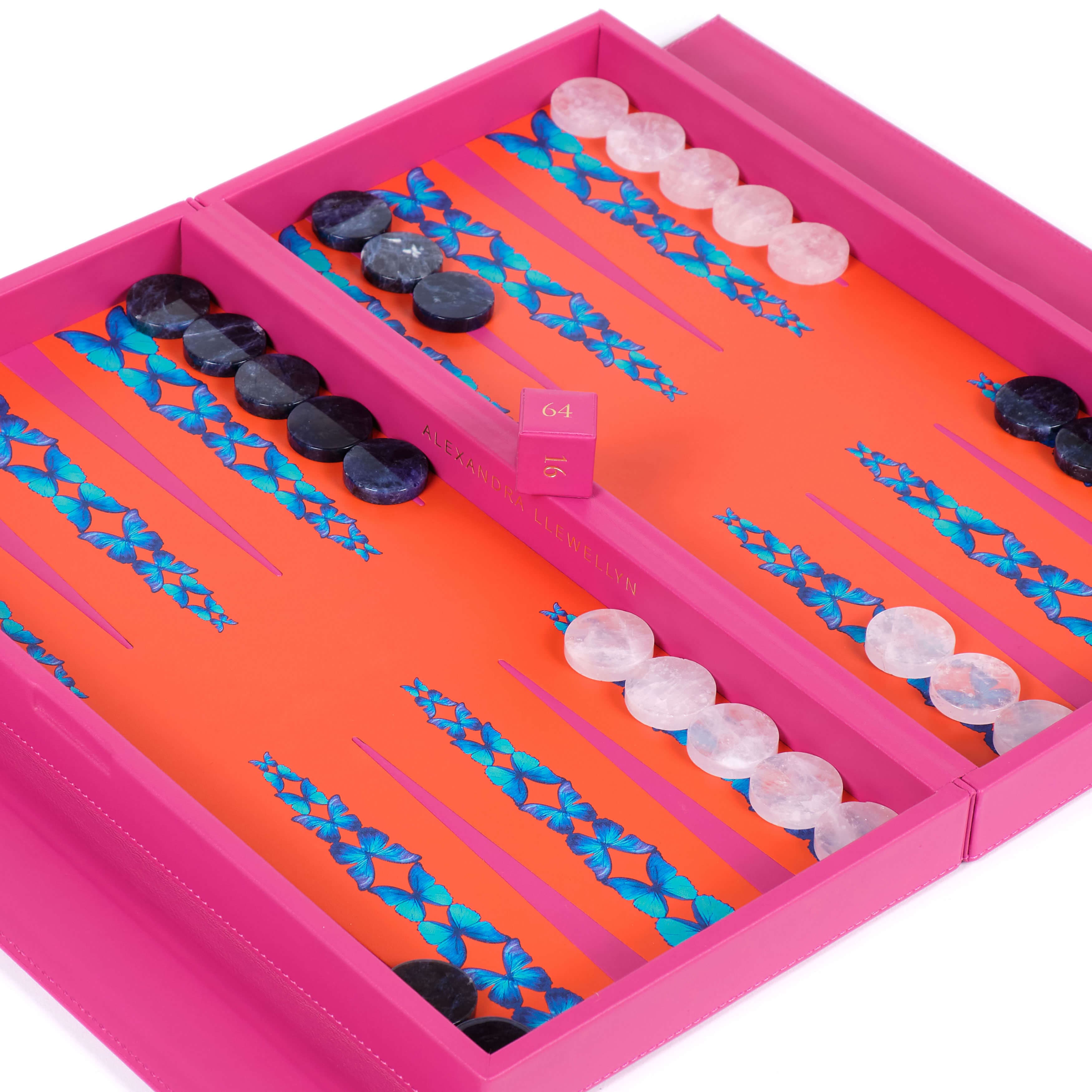Pink Butterfly Travel Backgammon Set | Leather Playing Surface - thumbnail 4
