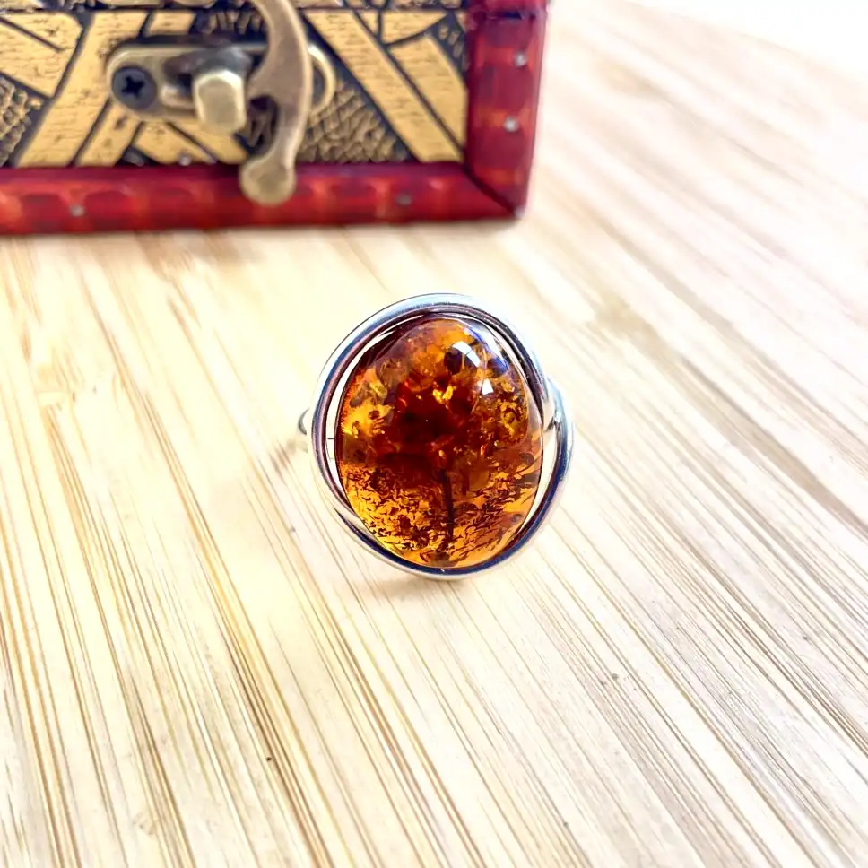 Silver-Plated Amber Ring – Ember Elegance