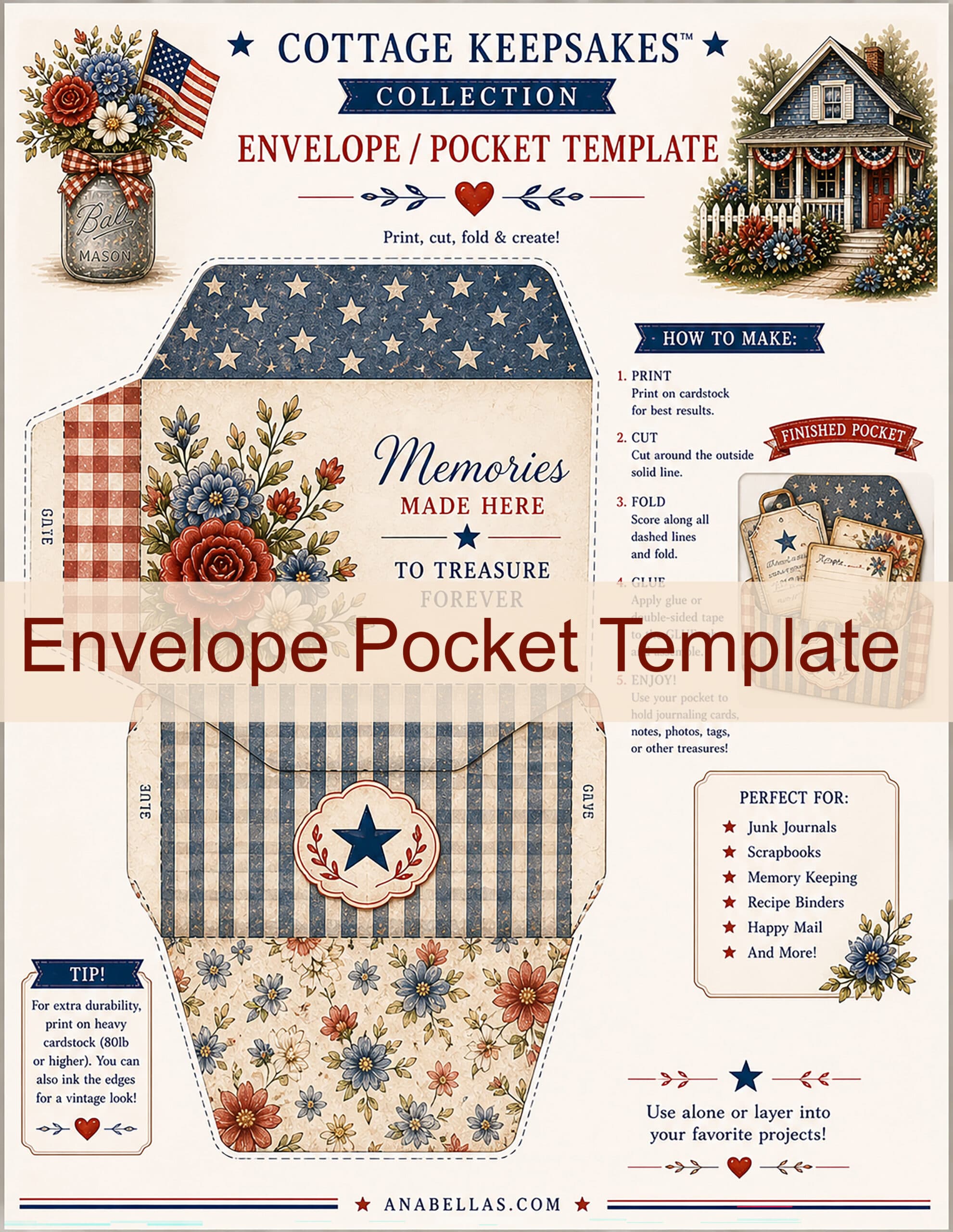 Patriotic Printable Paper Kit, Junk Journal Kit, Scrapbook Pages, Americana Printables, Recipe Cards, Tags, Ephemera, Memory Keeping - thumbnail 3
