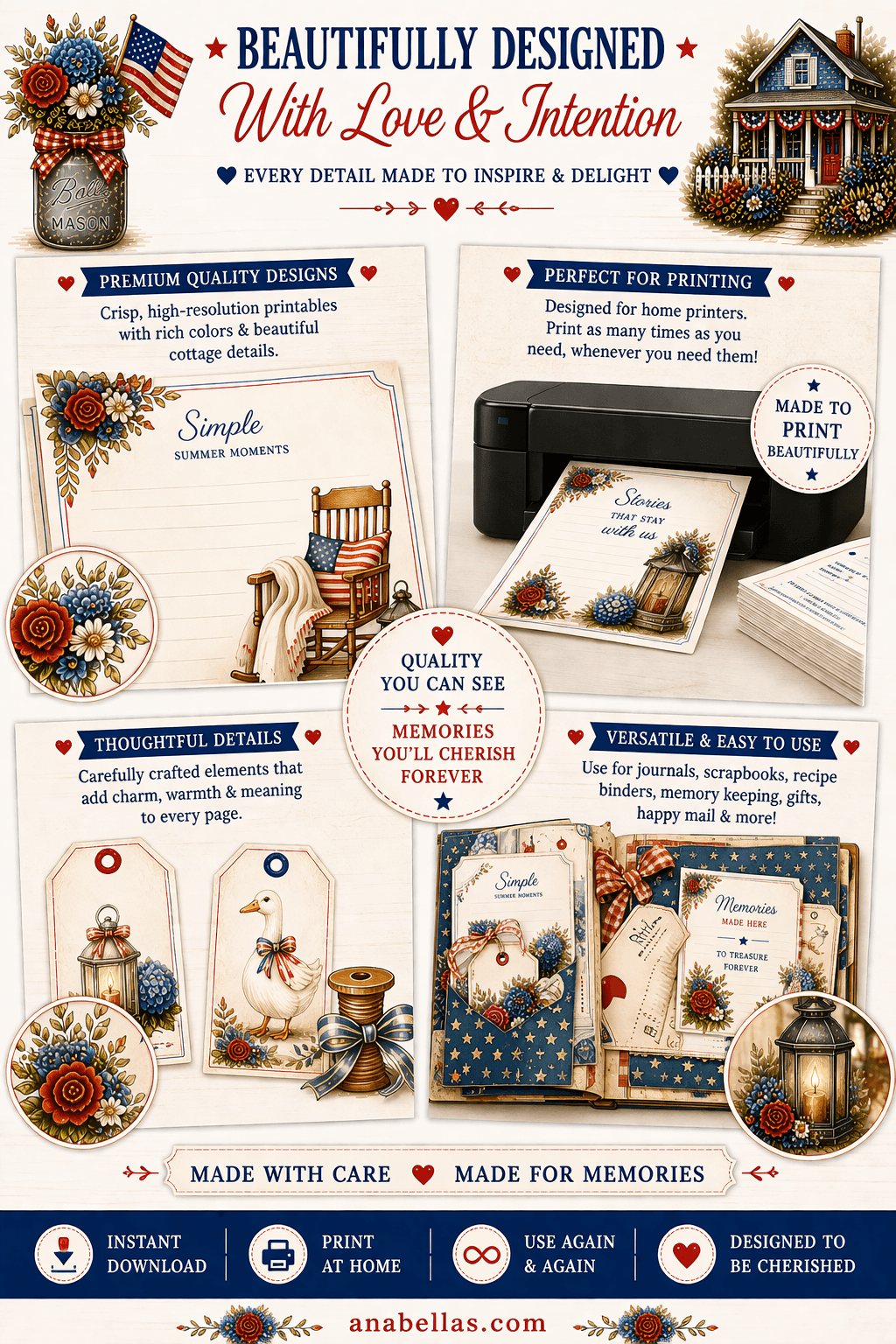 Patriotic Printable Paper Kit, Junk Journal Kit, Scrapbook Pages, Americana Printables, Recipe Cards, Tags, Ephemera, Memory Keeping - thumbnail 2