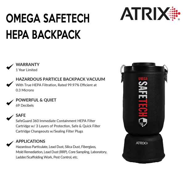 Atrix Omega SafeTech HEPA Backpack Vacuum | VACOSTBV - thumbnail 5