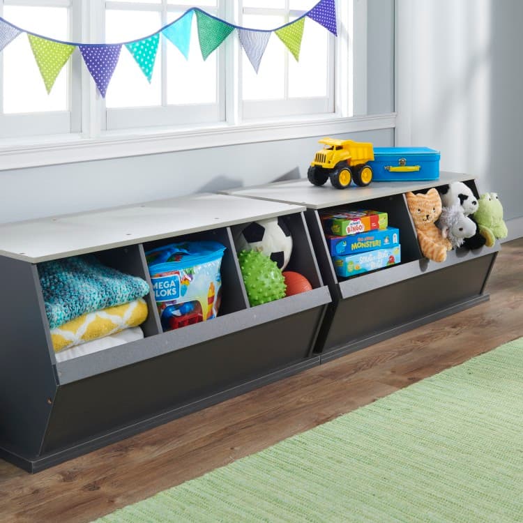 Three Bin Stackable Storage Cubby – Charcoal/Gray Woodgrain - thumbnail 3