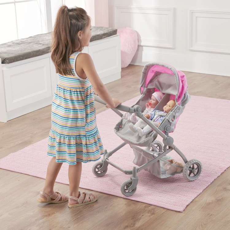 Voyage Twin Carriage Doll Stroller – Gray/Pink - thumbnail 3
