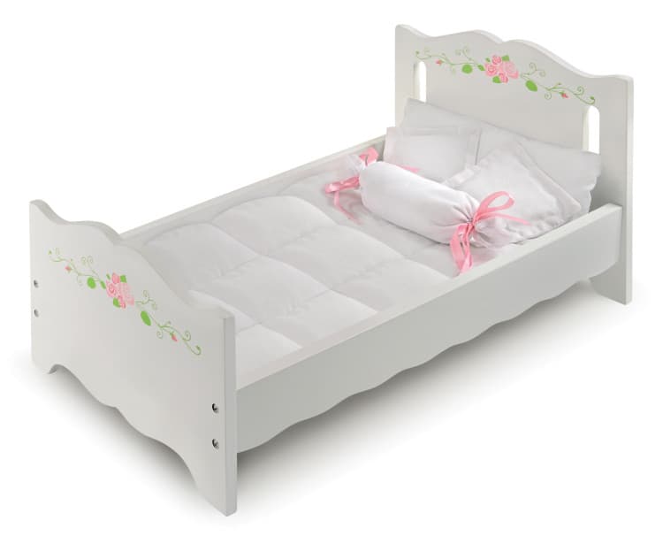 Doll Bed with Bedding and Free Personalization Kit – White Rose