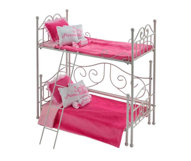 Scrollwork Metal Doll Loft Bed with Daybed and Bedding – White/Pink