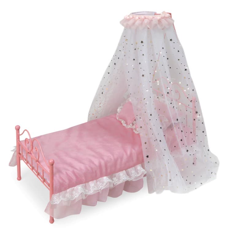 Starlights LED Canopy Metal Doll Bed with Bedding – Pink