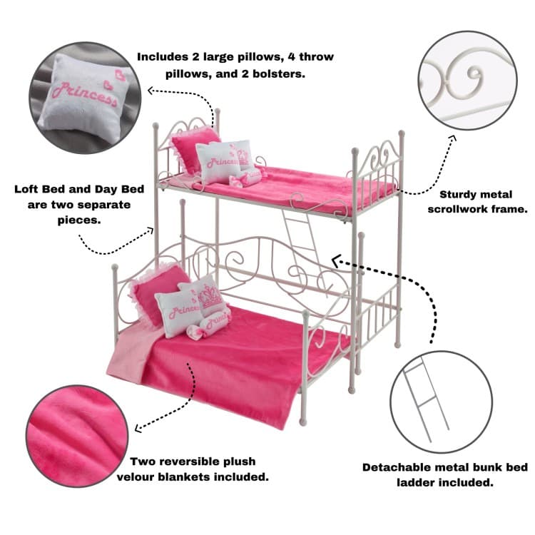Scrollwork Metal Doll Loft Bed with Daybed and Bedding – White/Pink - thumbnail 10