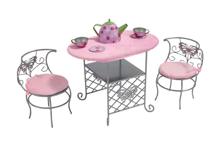 Tea Time Metal Doll Table and Chair Set with Accessories – Silver/Pink/Multi