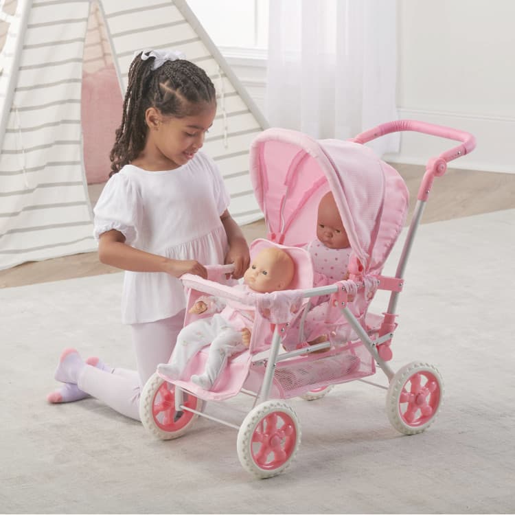 Folding Double Front-to-Back Doll Stroller – Pink/Gingham - thumbnail 3