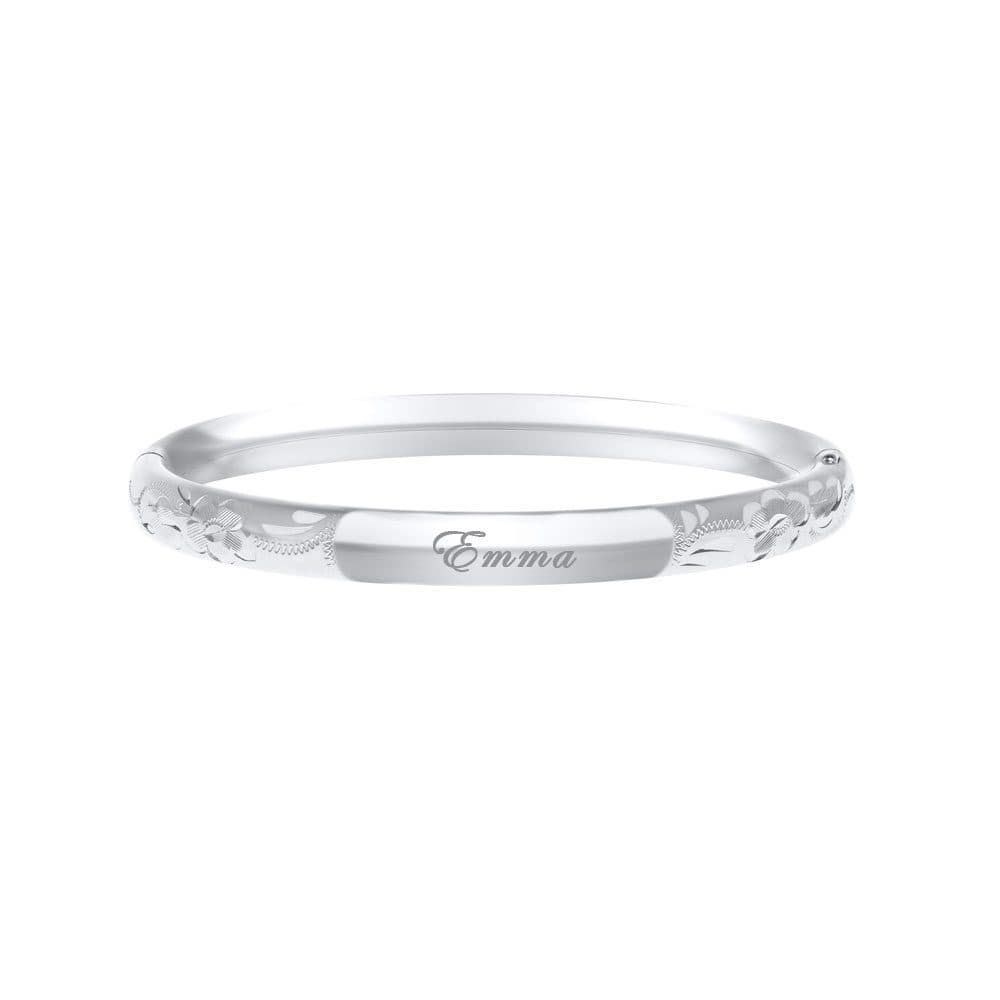 Personalized Child Bangle Bracelet – Size 6.25″ (6 – 14 years) – Sterling Silver Rhodium – ENGRAVABLE