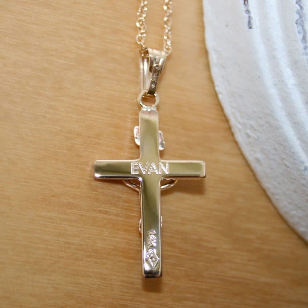 Gold Crucifix Cross Necklace for Boys & Teens – Engravable on back – Communion/Baptism