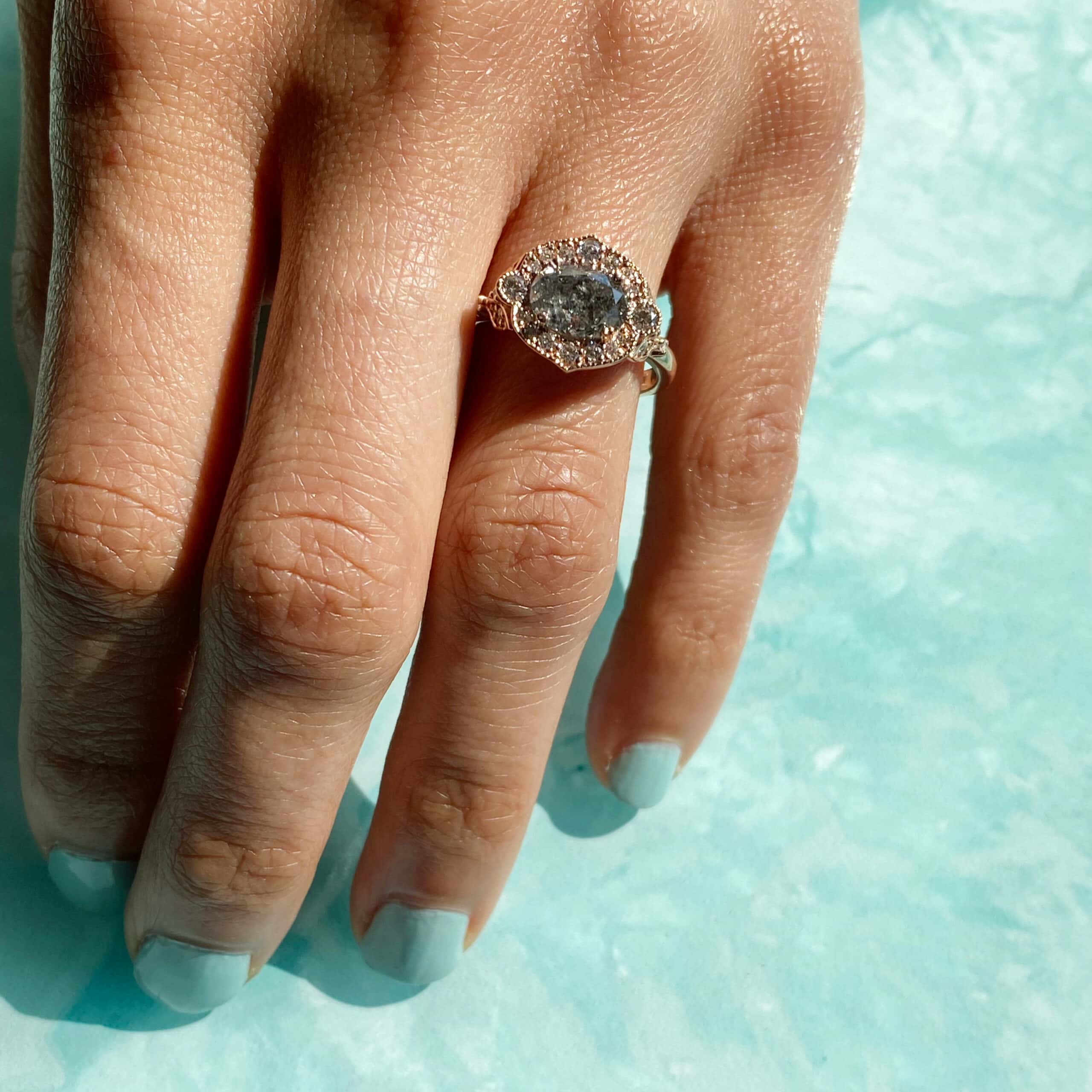 Salt and Pepper Diamond Halo Ring - thumbnail 3