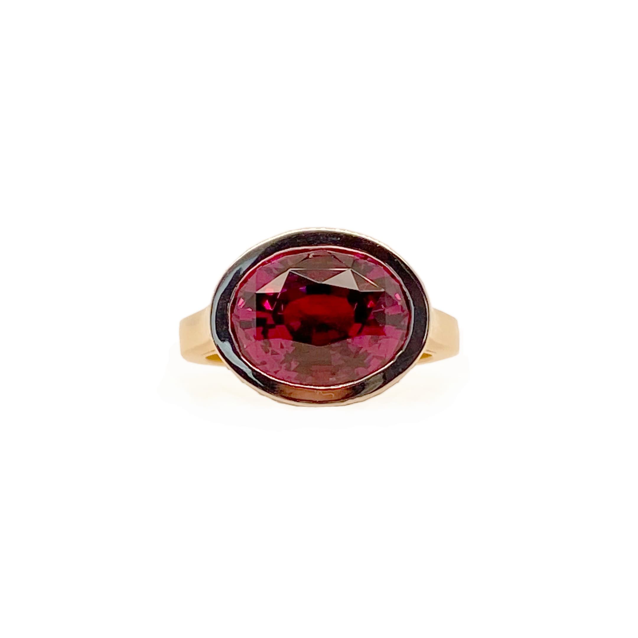 East-West Two-Tone Bezel Set Rhodolite Garnet Ring