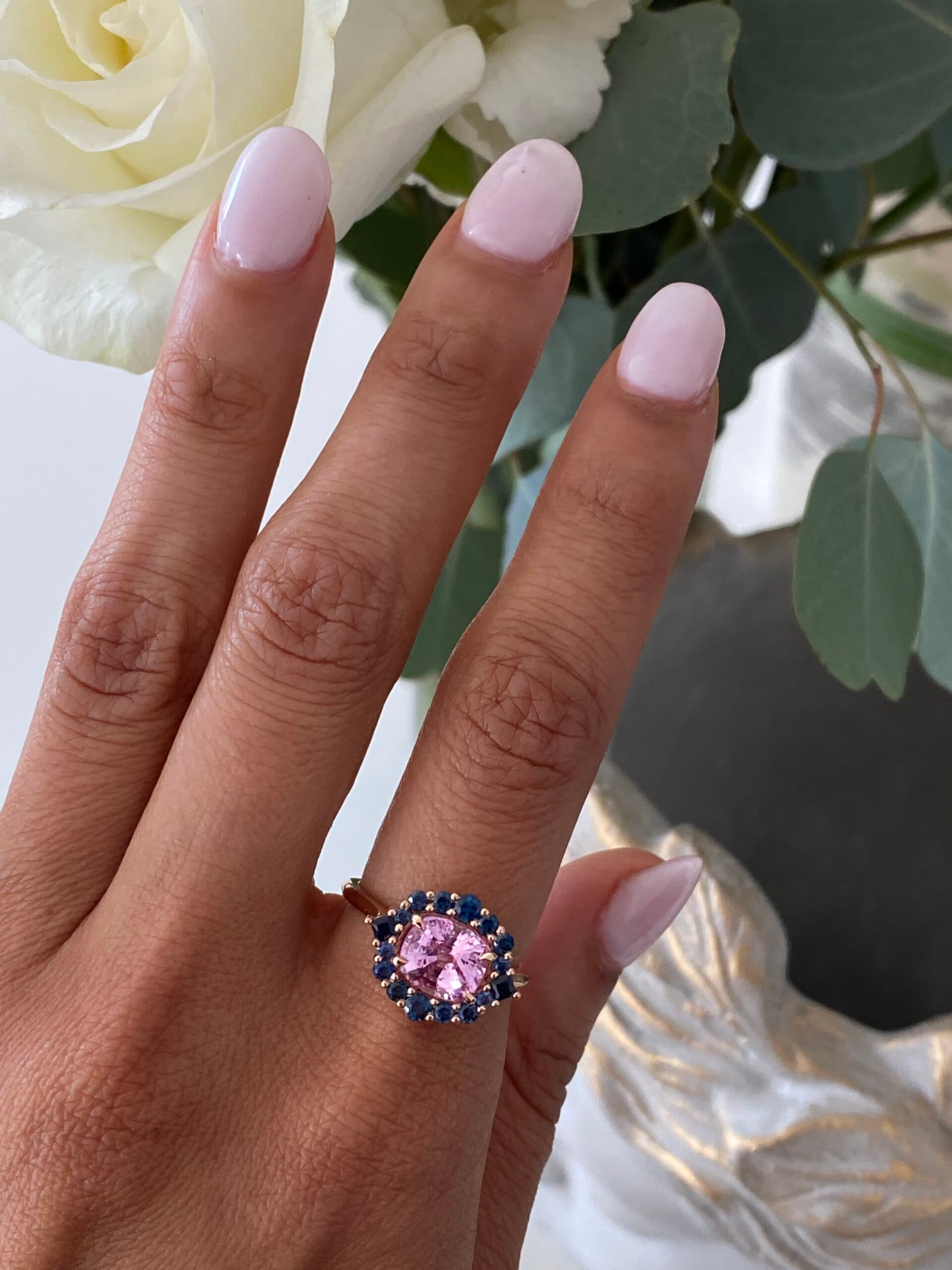 Pink and Blue Sapphire Halo Ring - thumbnail 3